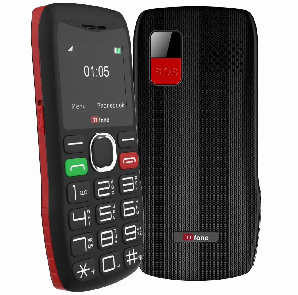 Telefon komórkowy dla seniorów, duże przyciski i przycisk SOS, czarny (z kablem USB)