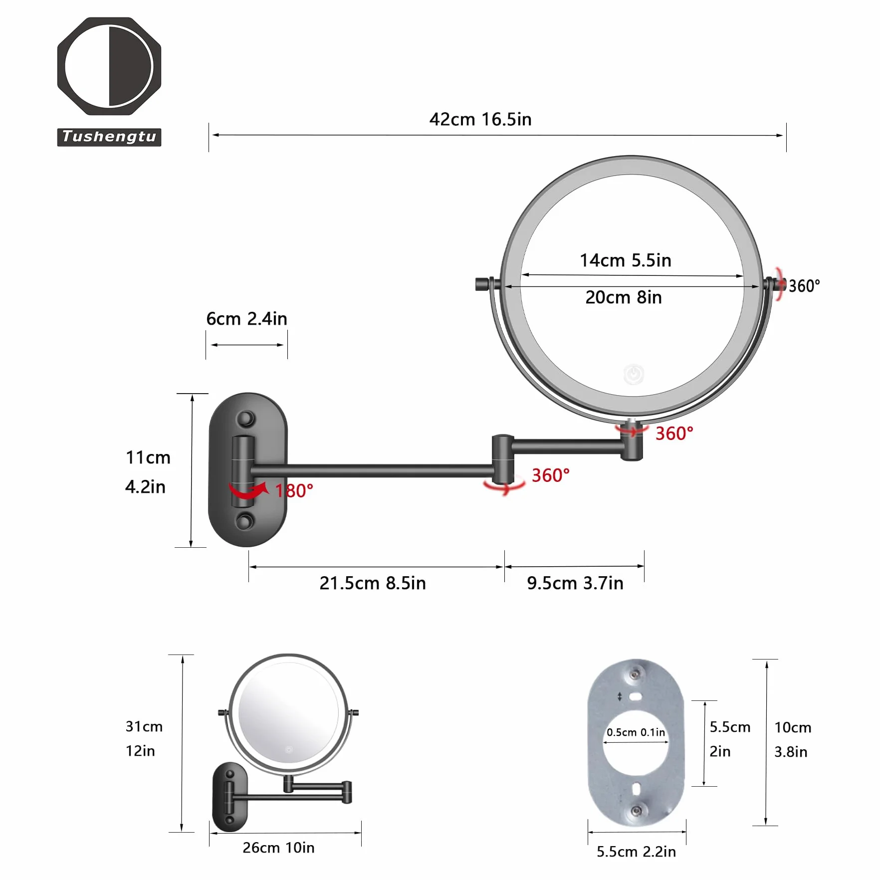 Miroir Grossissant Lumineux De 8" avec LED Grossissant Lumineux Mural X 10 pour Coiffeuse D'hôtel, Salle De Bain Et Rasage Rechargeable par USB,Miroir Mural Salle De Bain (noir-10X)
