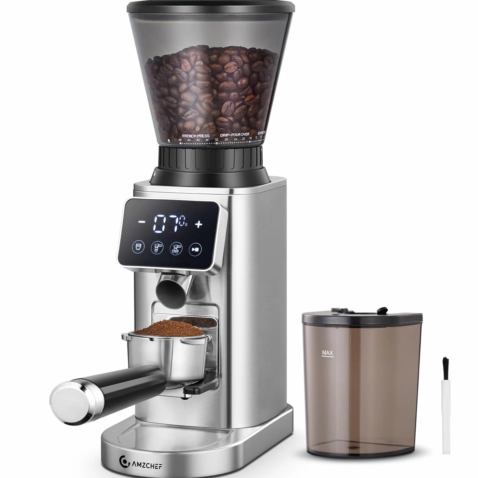 AMZCHEF Moulin à Café Électrique avec 48 Réglages de Mouture, Système Antistatique, Écran Tactile LCD, Réservoir à Grains 300 g, Meule Conique en Acier Inoxydable, pour Expresso et Café Filtre