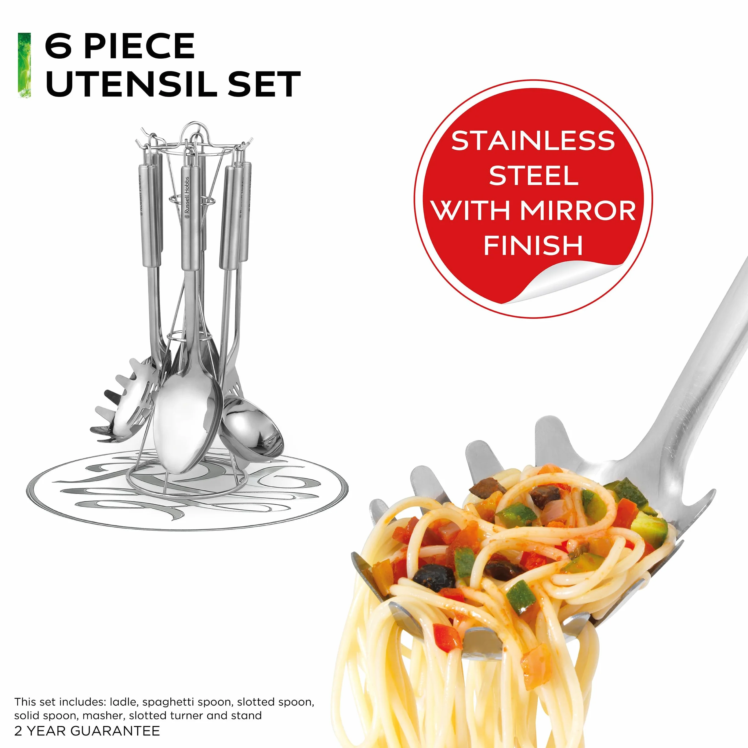 Russell Hobbs Set de 6 Ustensiles de Cuisine Acier Inoxydable avec Support