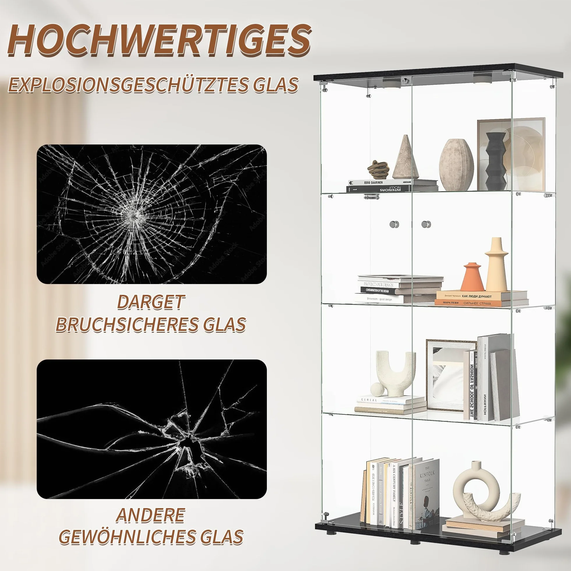 Vitrine en Verre avec LED 164x80.5x36.5cm, Armoire de Collection avec 2 Portes et 4 étagères en Serrure, Transparent pour Le Bar, Curio, Salon, Noir