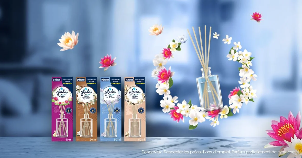 Glade Bâtonnets Diffuseur de Parfum aux Huiles Essentielles Romantic Vanilla Blossom 3x50ml