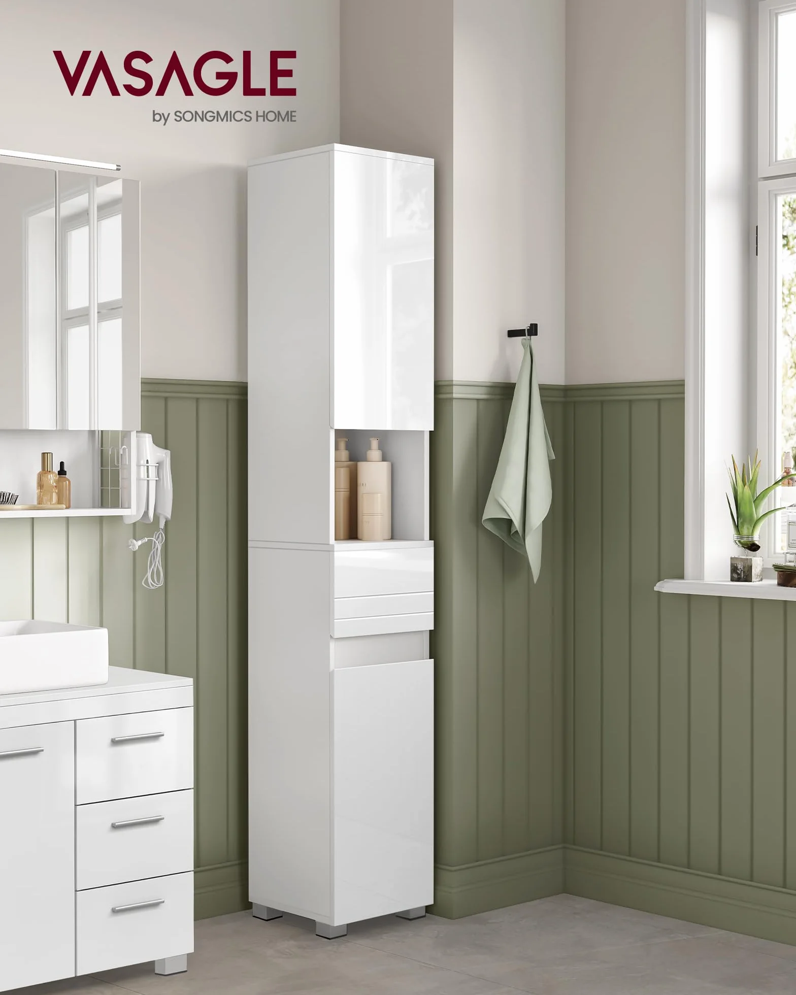 VASAGLE Armoire de Salle de Bain, Meuble de Rangement Colonne 30x30x170 cm Blanc