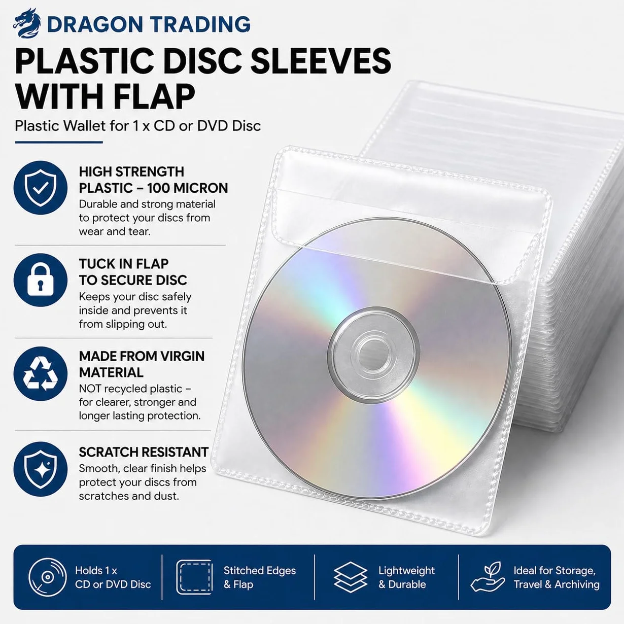 Dragon Trading® 25 x CD DVD Housse en plastique transparent 100 Micron Wallet