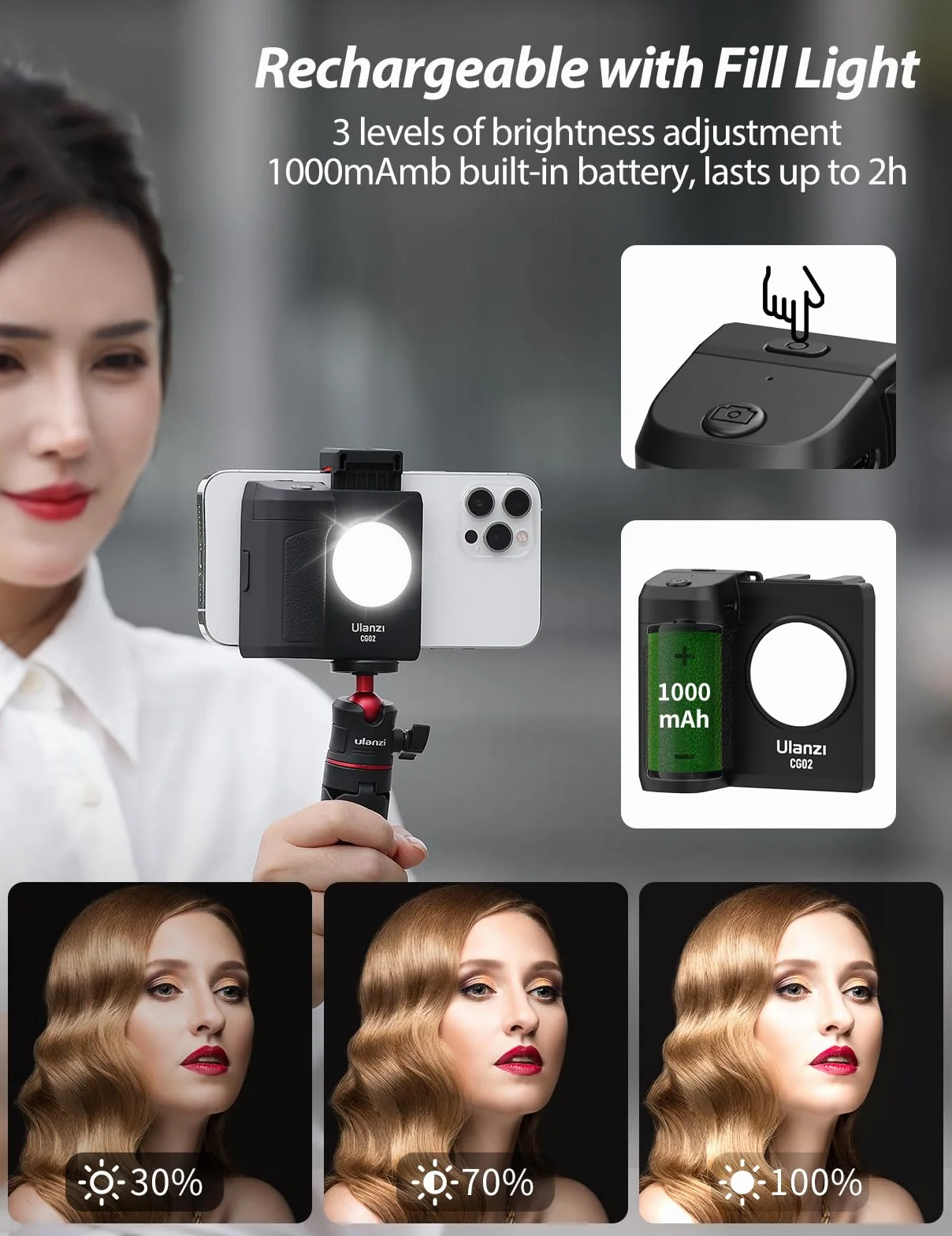 ULANZI CG-02 uchwyt do smartfona, ulepszony uchwyt aparatu do telefonu z pilotem migawki, ręczny uchwyt na statywie, światło wypełniające, akcesoria fotograficzne do iPhone'a 15, 14 Pro Max itp