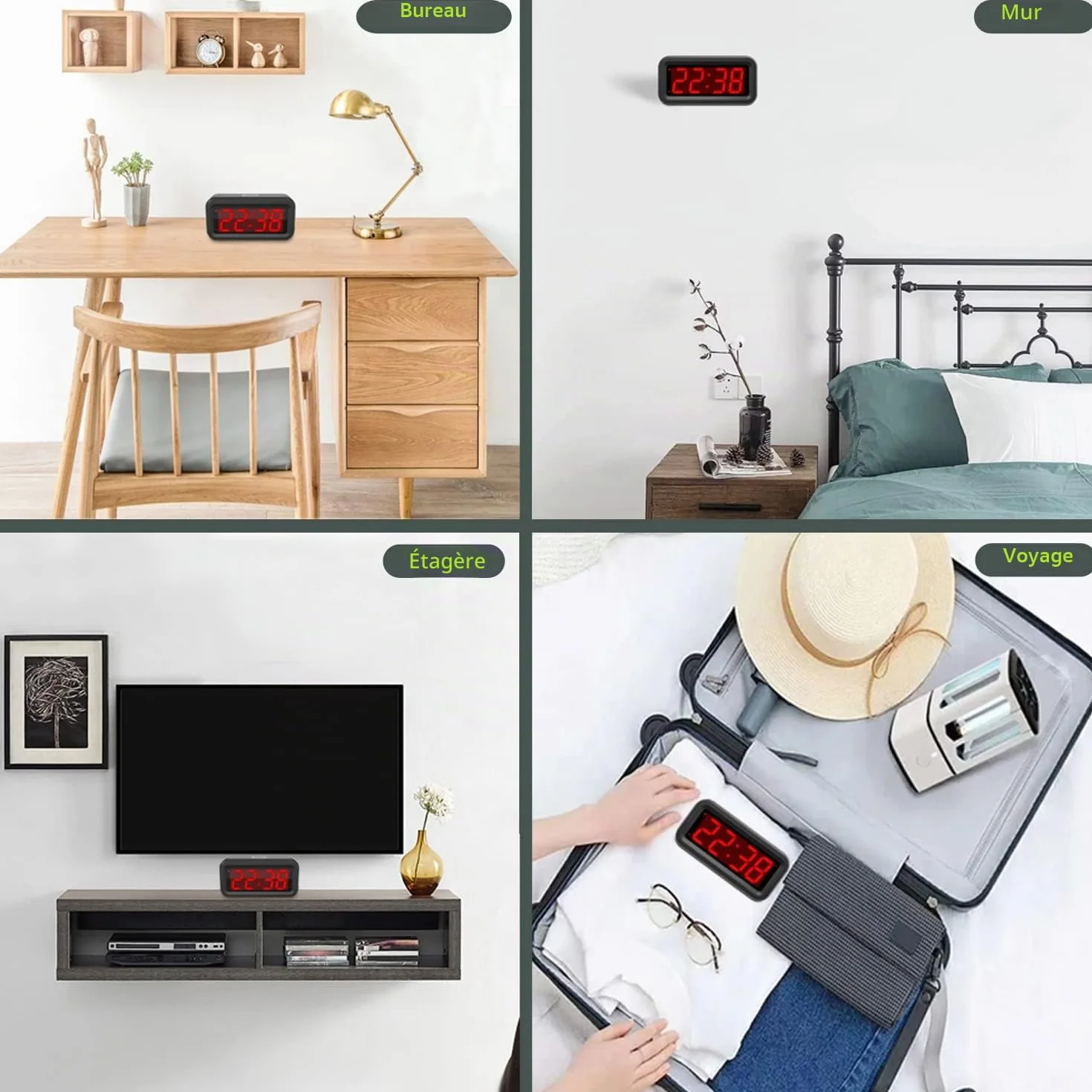 EUTUKEY Réveil Numérique LED 12/24H 2 Niveaux Luminosité 3 Niveaux Volume Snooze