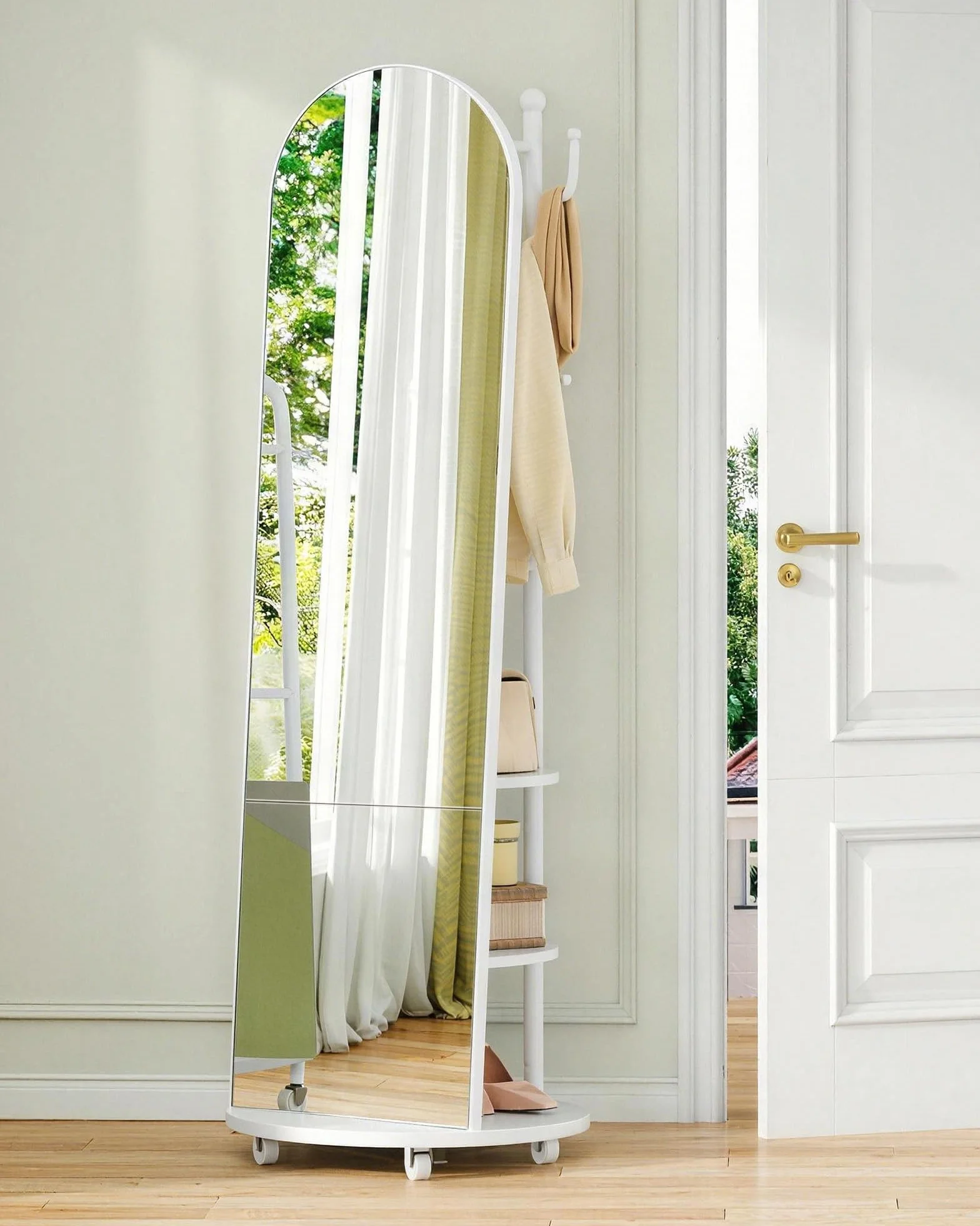 Miroir sur Pied 163 x 45 cm avec Roues Pivotantes et Porte-Manteau, Verre Trempé Blanc