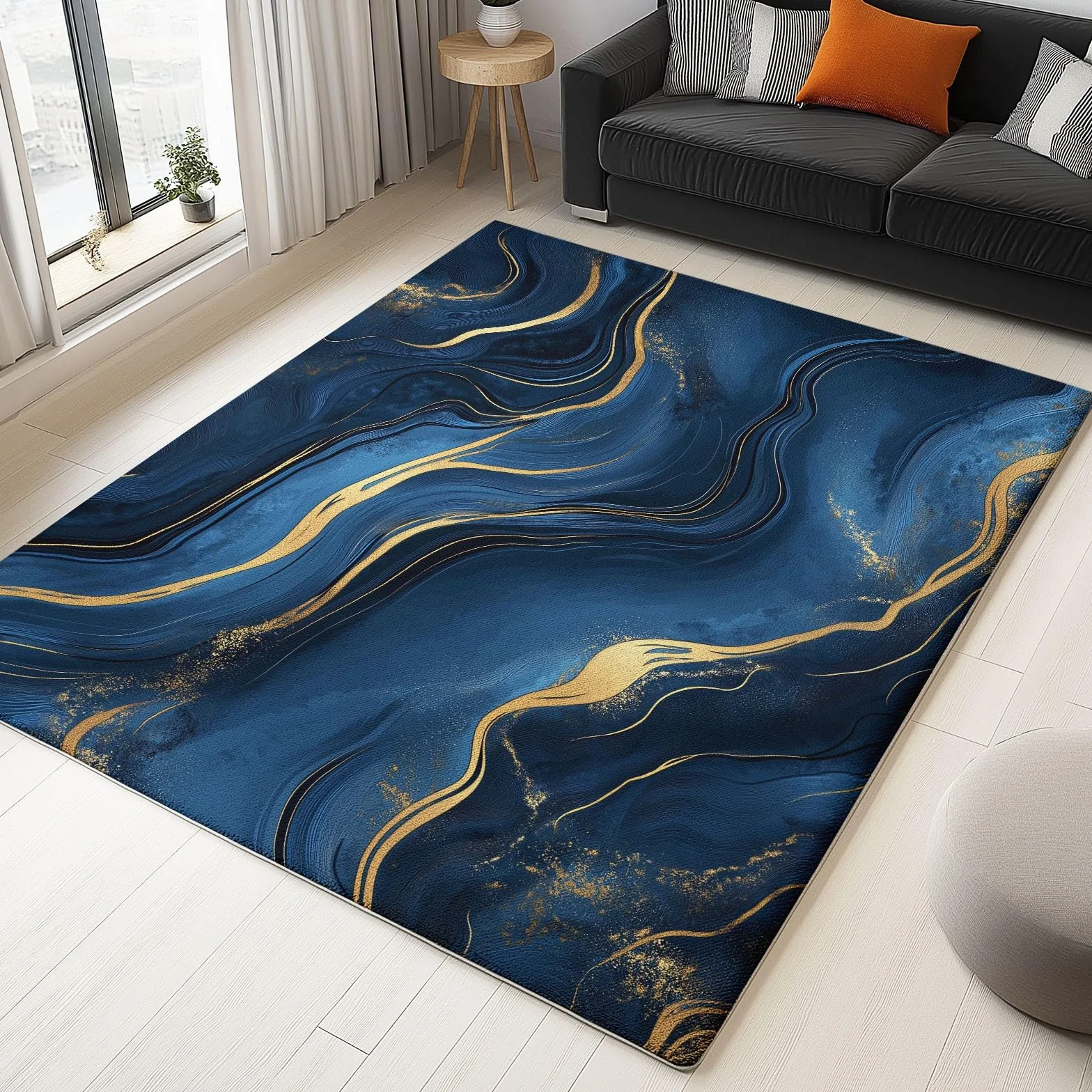 Tapis Salon Chambre Adulte Poil, Tapis à Poils Courts et denses Motif Lignes De Marbre Abstraites, Tapis Lavable en Machine Antidérapant Bleu Foncé Or, 60 x 110 cm