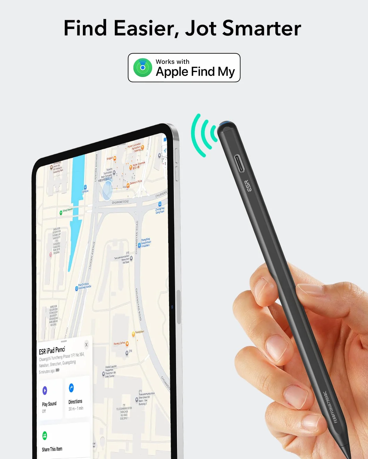 ESR Geo Digital iPad Pencil Findmy kompatybilny z Apple iPad 2018-2025, z łatwymi skrótami do Apple iPad A16/10/9/8 i Air 13/11 i Pro 12,9/13/11 i Mini 7/6/5, czarny (bez ładowania bezprzewodowego)