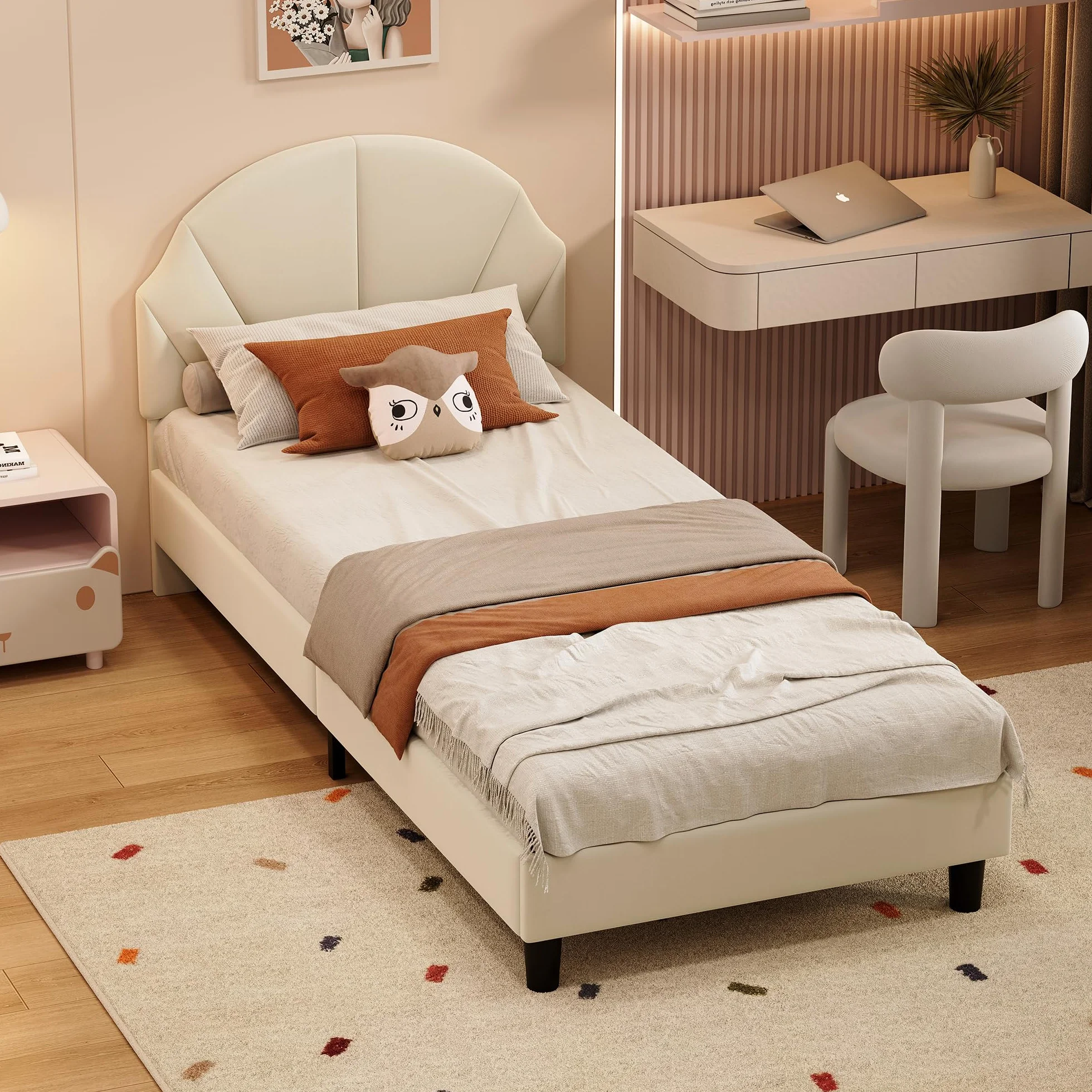 Générique Lit Fille 90x200 cm avec Sommier à Lattes,Tête de lit Réglable en Hauteur,en Forme de Coquillage,Lit Simple Enfant Fille en Velours,Beige(Beige, 90_x_200_cm)