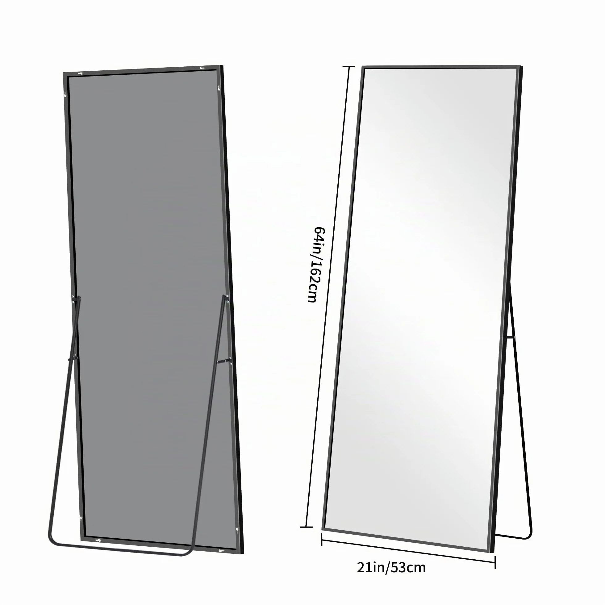 BONEWEI Miroir Pleine Longueur 161 x 52 cm Cadre Aluminium Noir Grand Miroir Mural Rectangulaire Penché Suspendu