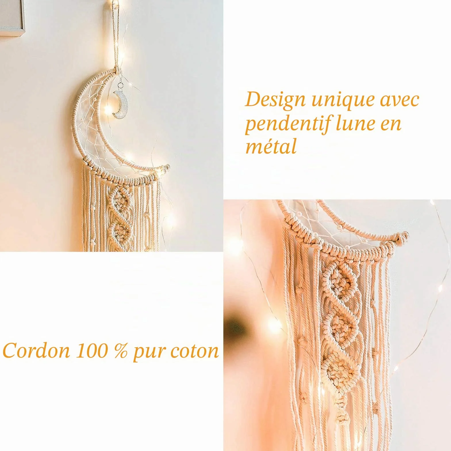 Macrame Attrape Reve avec LED String Light Macrame Mural Decoration Boheme Faite Main Lune Etoile Cadeau DIY Chambre