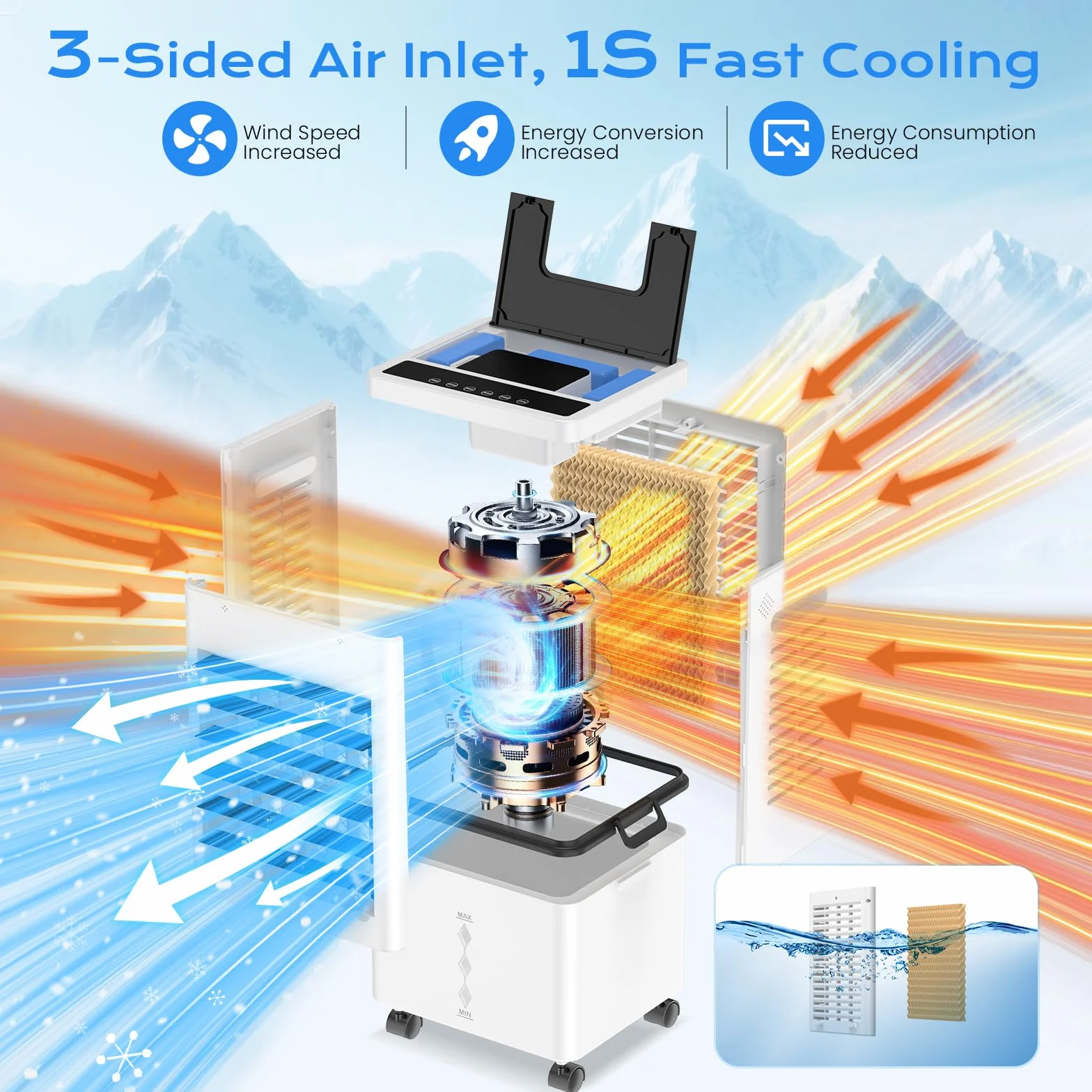 Climatiseur Mobile Silencieux Sans Évacuation 12L Rafraichisseur d'air, 45W, 6 Vitesses, 24H Minuterie, 3 Modes, Oscillation 60°/120°