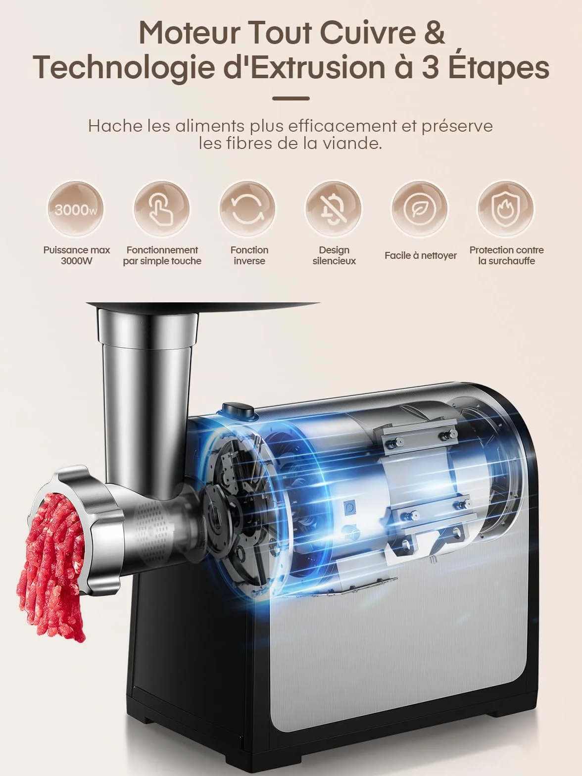 3 en 1 Hachoir à Viande Électrique Professionnel avec 3 Plaques Abrasives en Acier Inoxydable, 1 Kubbe et 3 tubes de Remplissage de Saucisses, 2000W Max