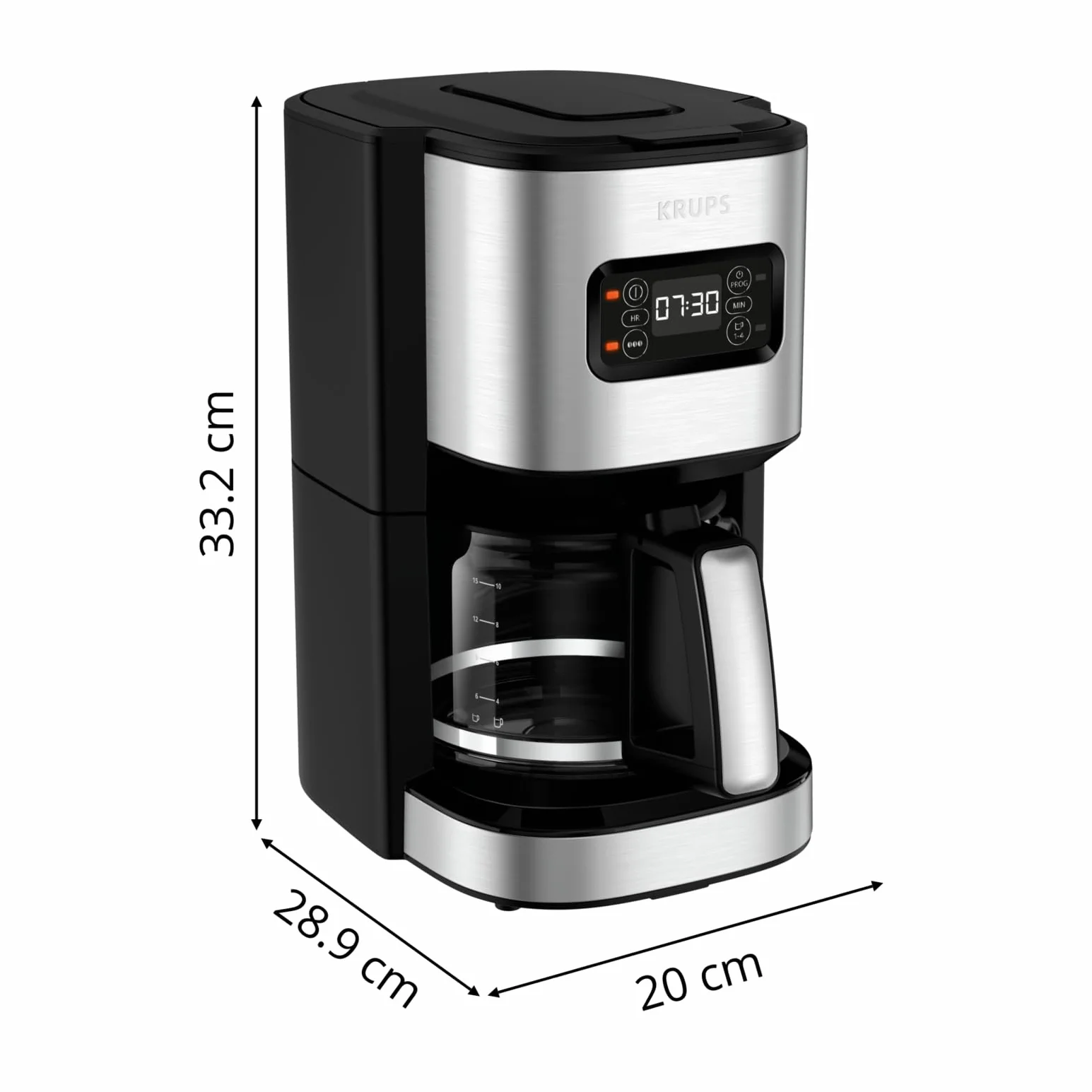 Krups Cafetière programmable 24h, Inox premium, 1,25 L jusqu'à 15 tasses, Réglage intensité, Fonction 1 à 4 tasses pratique, Arrêt auto après 30 min, Anti-goutte, Excellence KM480D10