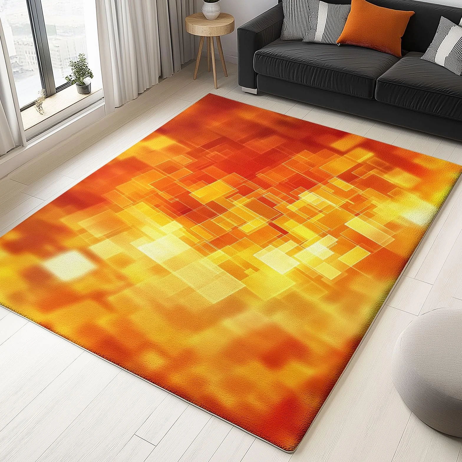 Tapis Poil Ras de Salon Carrés Abstraits Design Lavable, Tapis Antidérapant dans Différentes Tailles, pour Salon Chambre Salle à Manger 160 x 230 cm, Orange Jaune