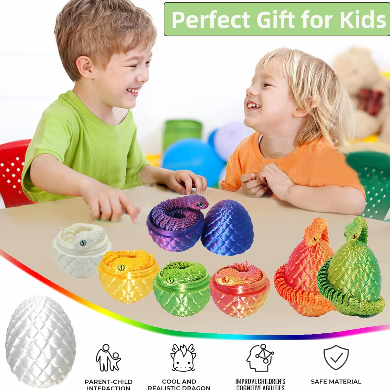 Serpent en Oeuf 3D Imprimé 12", Jouet Fidget Articulé, Décoration Pâques Maison