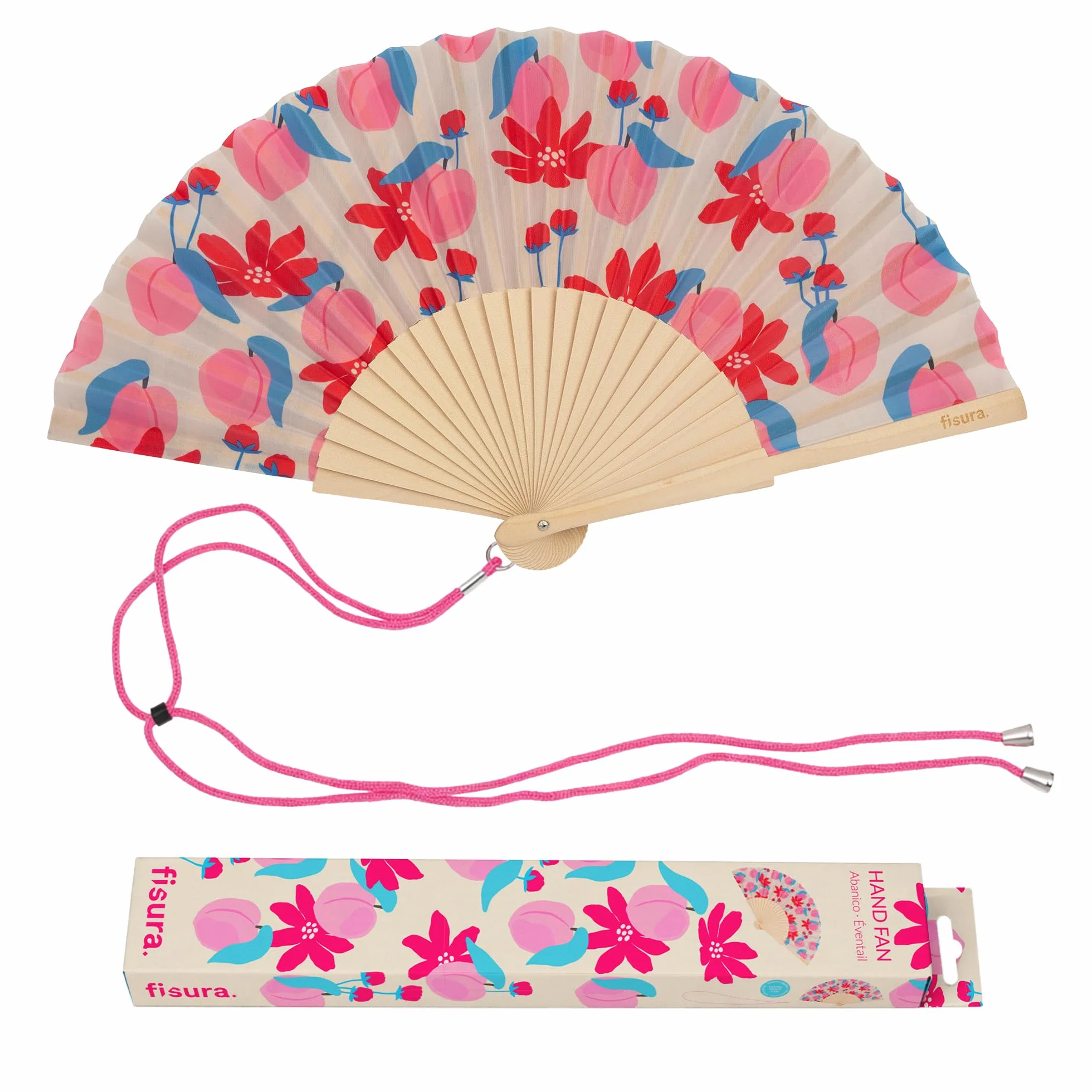 Éventail en Bois Motif Fleurs Rose et Rouge - Accessoire été léger pour Plage et Voyage 42,5 x 23 cm