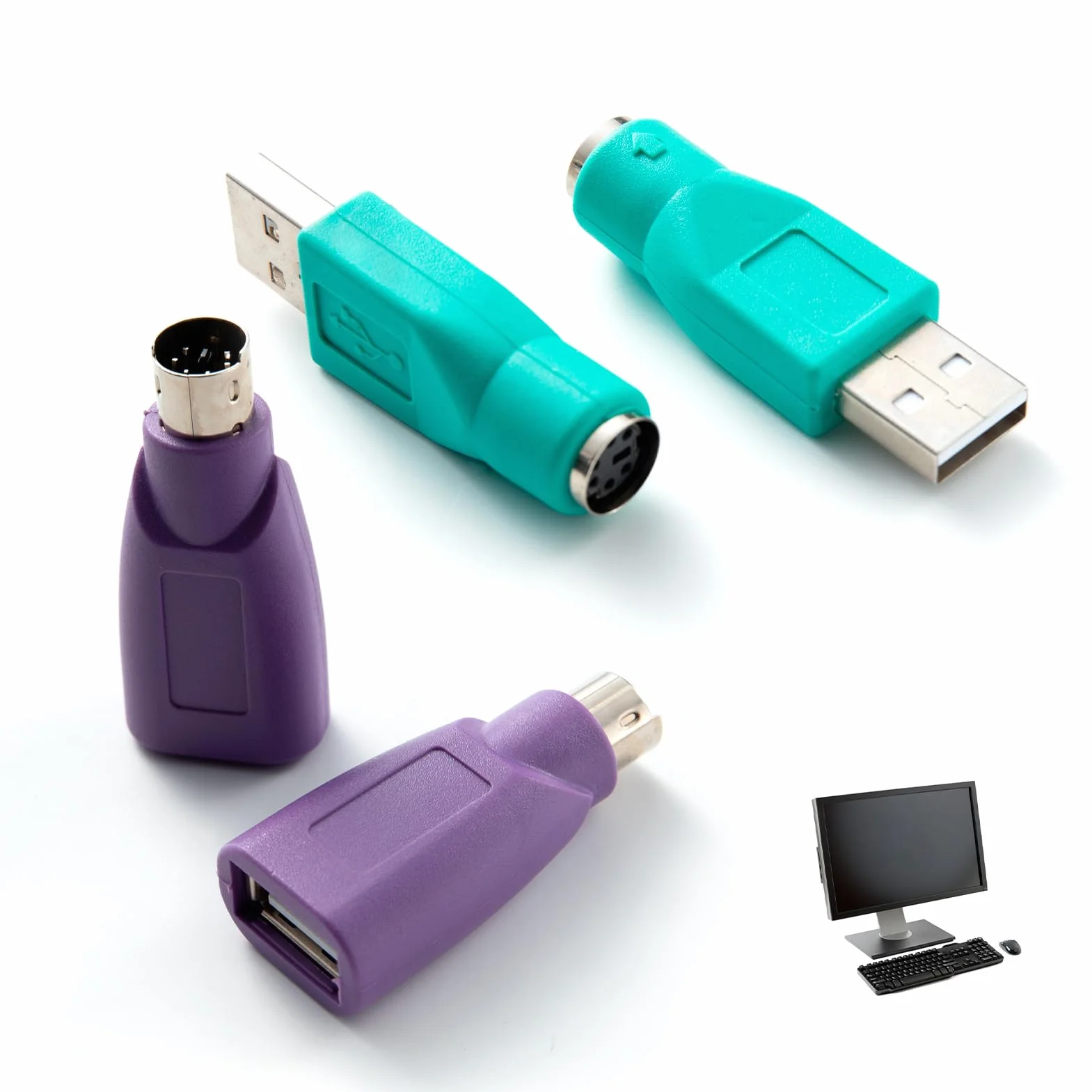 Adaptateur PS2 vers USB 4 Pièces, PS/2 Femelle vers USB Mâle, Clavier Souris Connexion Mini-DIN 6 Violet/Vert
