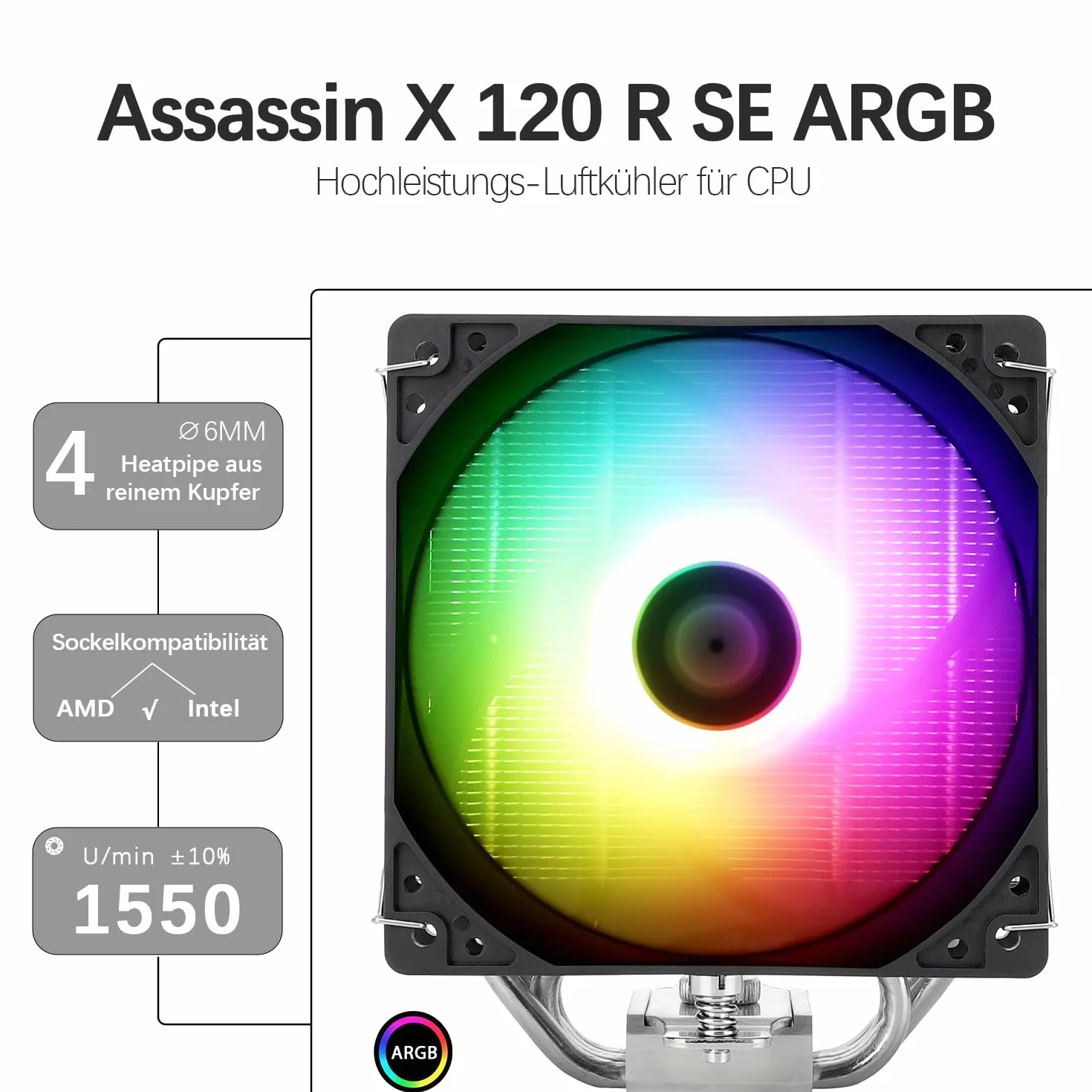 TR-Thermalright Assassin X 120R SE ARGB Chłodnica CPU - 4 rury cieplne, Cichy wentylator 120 mm, dla AMD AM4 AM5, Intel LGA1851/1700/115x/1200, chłodnica PC