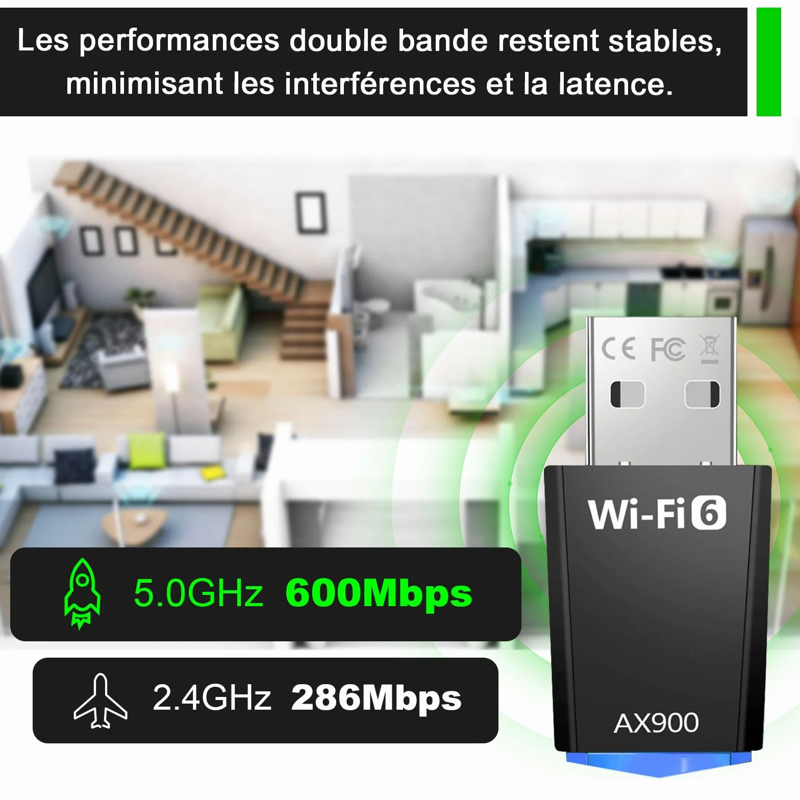 Clé WiFi 6 AX900 Mbps Double Bande 5,8Ghz/2,4Ghz Adaptateur USB WiFi pour Windows 11/10