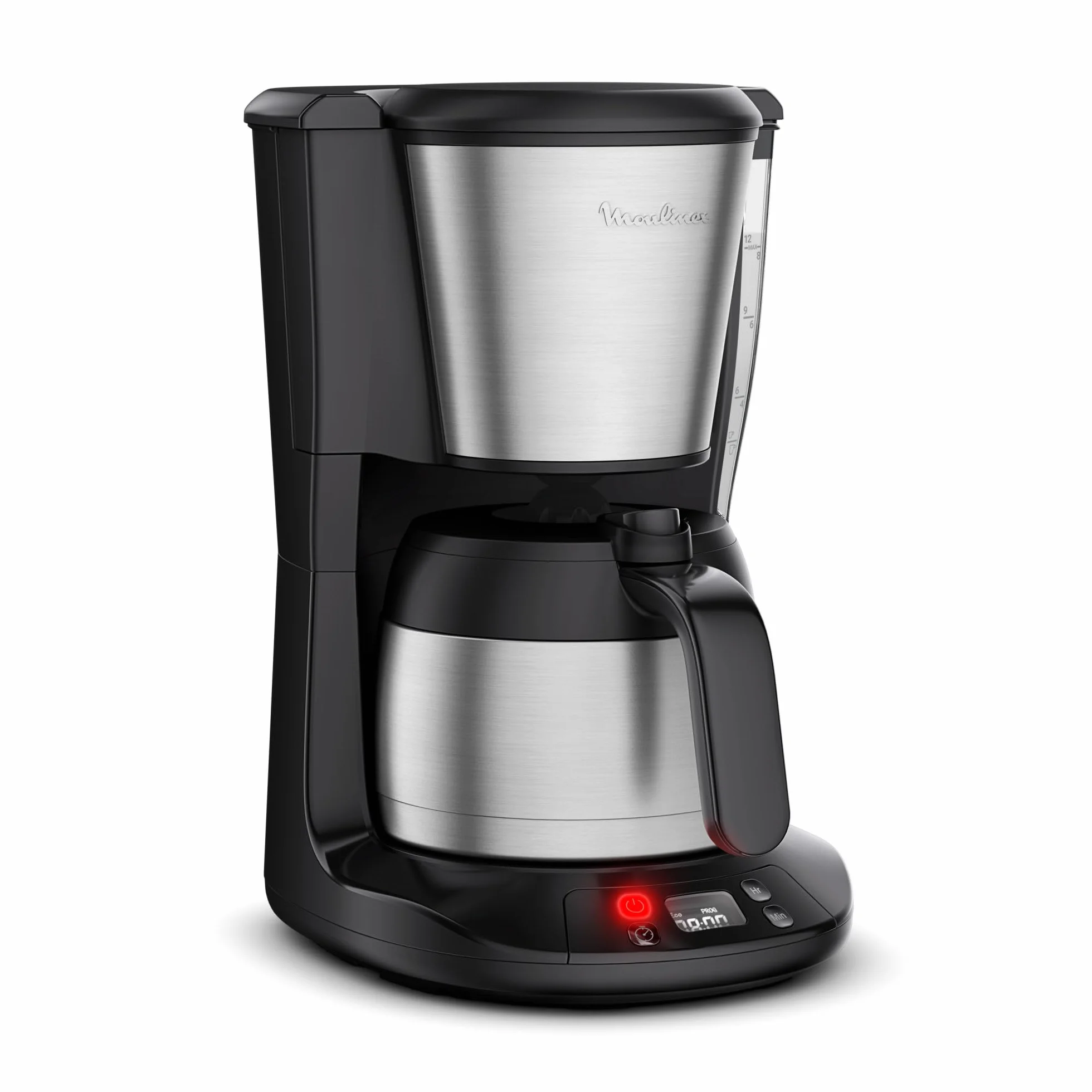 Moulinex Subito, Cafetière filtre programmable avec verseuse isotherme, Capacité de 0,9 L, 12 tasses, Noir et Inox, FT5S2DE0