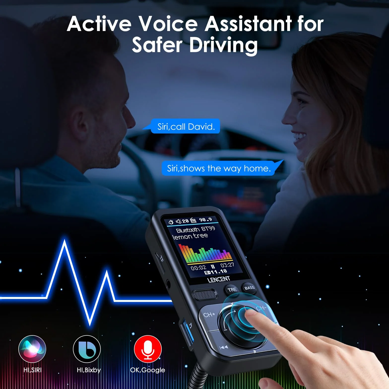 LENCENT 5.0 Samochodu Nadajnik FM Bluetooth z Adapter AUX, Bezprzewodowy Adapter z Szybka Ładowarka QC3.0 USB-A, Zestaw Głośnomówiący, Wzmocnienie Tonów Wysokich i Niskich Muzyki HiFi, Obsługa Kart TF