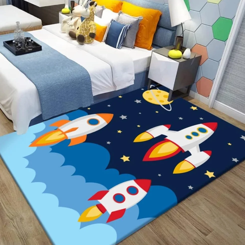 Tapis Astronaute Univers de BD Planète Antidérapant Bleu Noir Lavable 80x160cm
