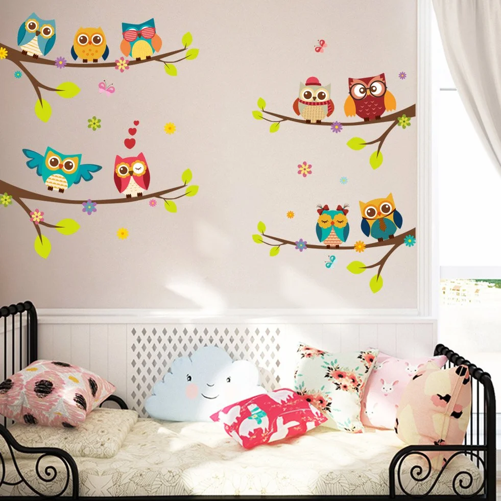 Stickers muraux enfants animaux de la forêt CHOUETTES mignonnes sur BRANCHES 120x100 cm Autocollant mural chambre bébé