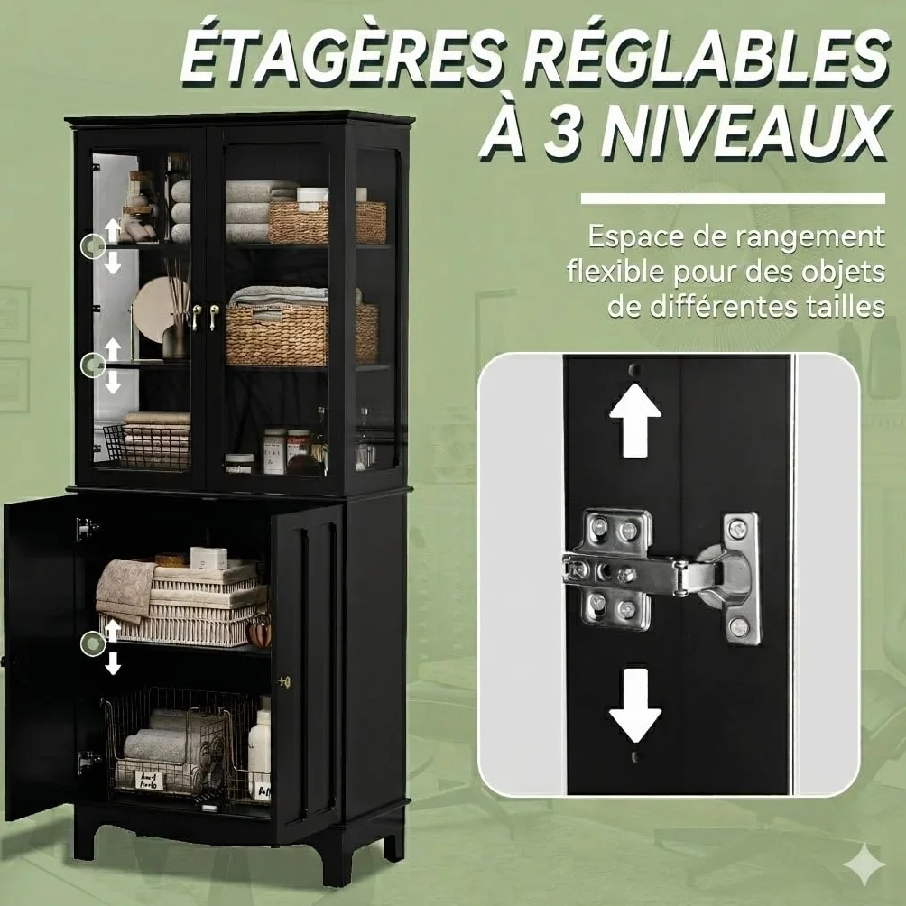 HOLTICO Armoire de Cuisine indépendante avec Porte en Verre, Armoire de Cuisine en Verre vitrines Armoire Haute avec Porte en Verre et étagères réglables pour Cuisine, 40P x 76L x 183H cm,Noir