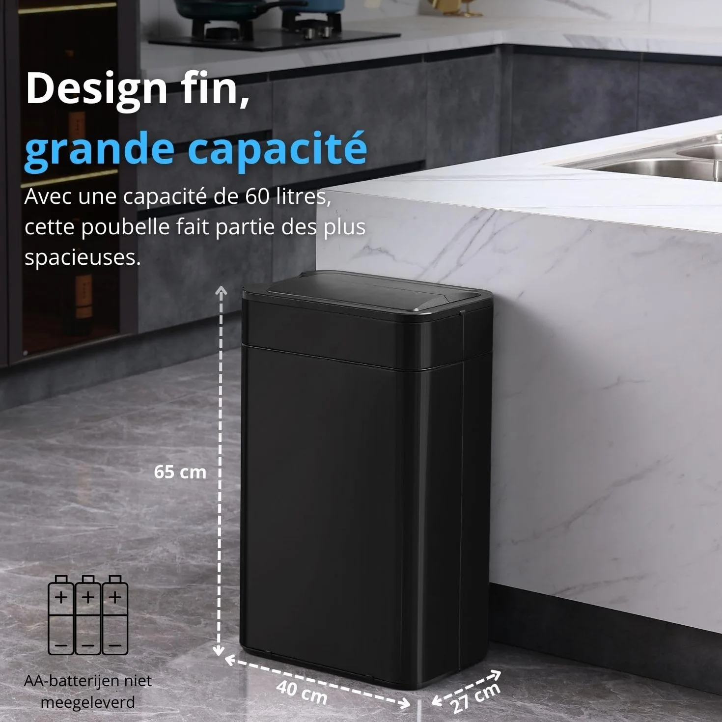 FLINQ Poubelle Cuisine 60 Litres Automatique – Poubelle Rectangulaire avec Couvercle Bascule – Grande Capacité pour Cuisine Moderne – Design Inox Élégant - Noir