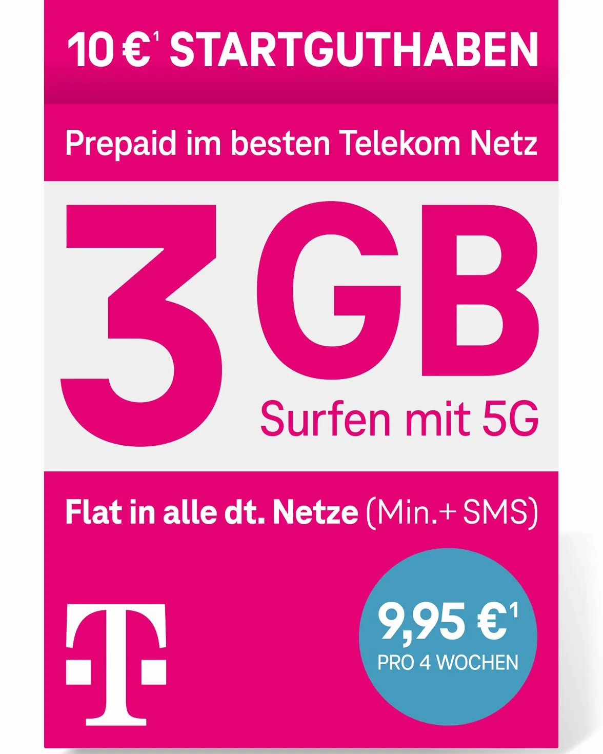 Telekom MagentaMobil Prepaid M karta SIM bez umowy, 5G w zestawie I + 3 GB & Allnet Flat (min, SMS) do wszystkich niemieckich sieci i roamingu UE I 10 EUR środków na start