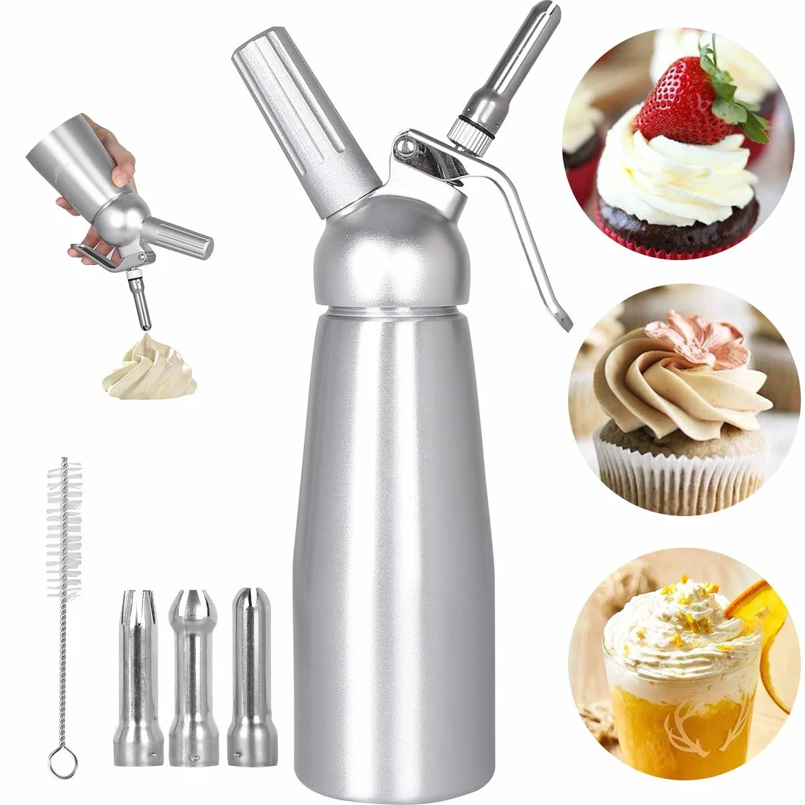 Siphon à Chantilly Professionnel 500ml avec 3 Douilles Inox Aluminium pour Mousses et Crèmes
