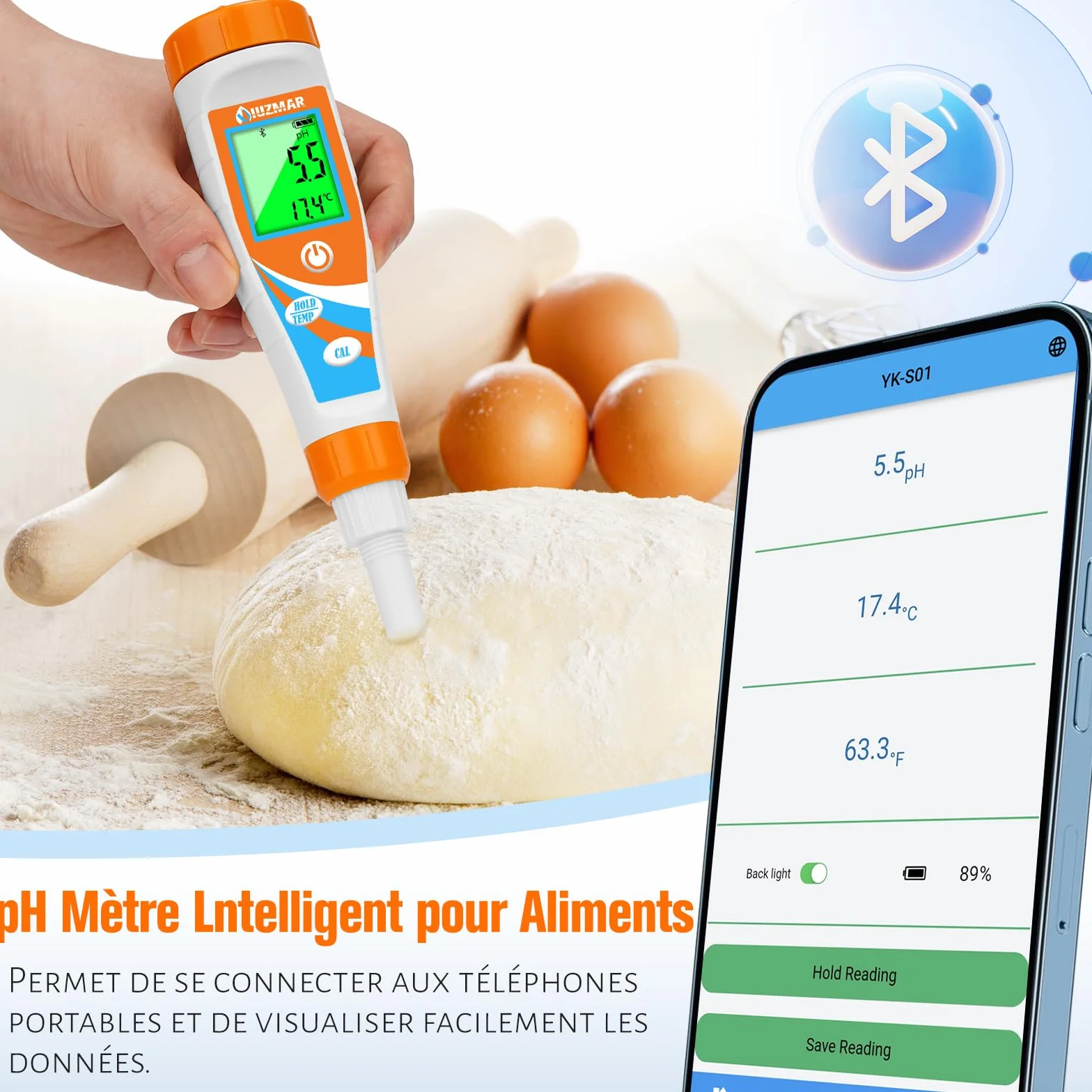 UIUZMAR pH Mètre Intelligent pour Aliments Kit de Test pH pour Levain et Pâte à Pain Testeur de pH Professionnel pH-mètre Numérique pour Piscine, Saucisses, Viande, Fromage Autres solide et Liquide