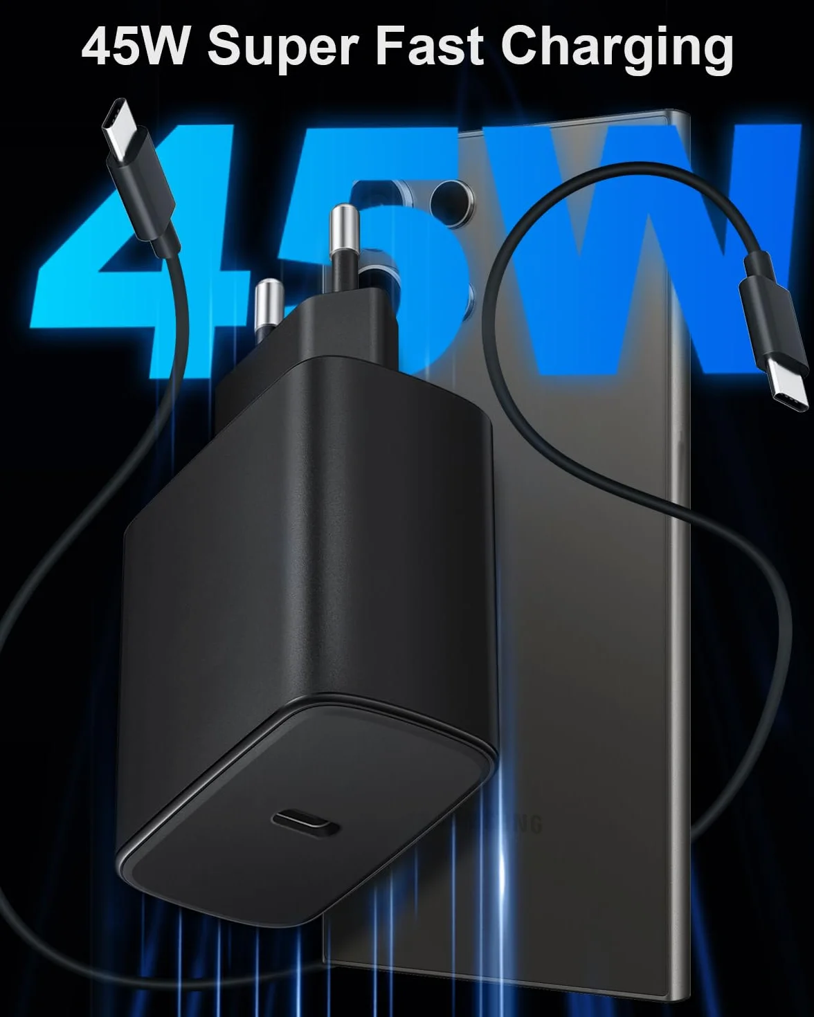 Szybka ładowarka USB-C 45W do Samsung Galaxy S25/S25 Ultra/S24/S24 Ultra/S23/S23 Ultra/S22/S21/A55/A54/A15/A56/A26/A54/A53, zasilacz ścienny z 2-metrowym czarnym kablem USB-C do szybkiego ładowania