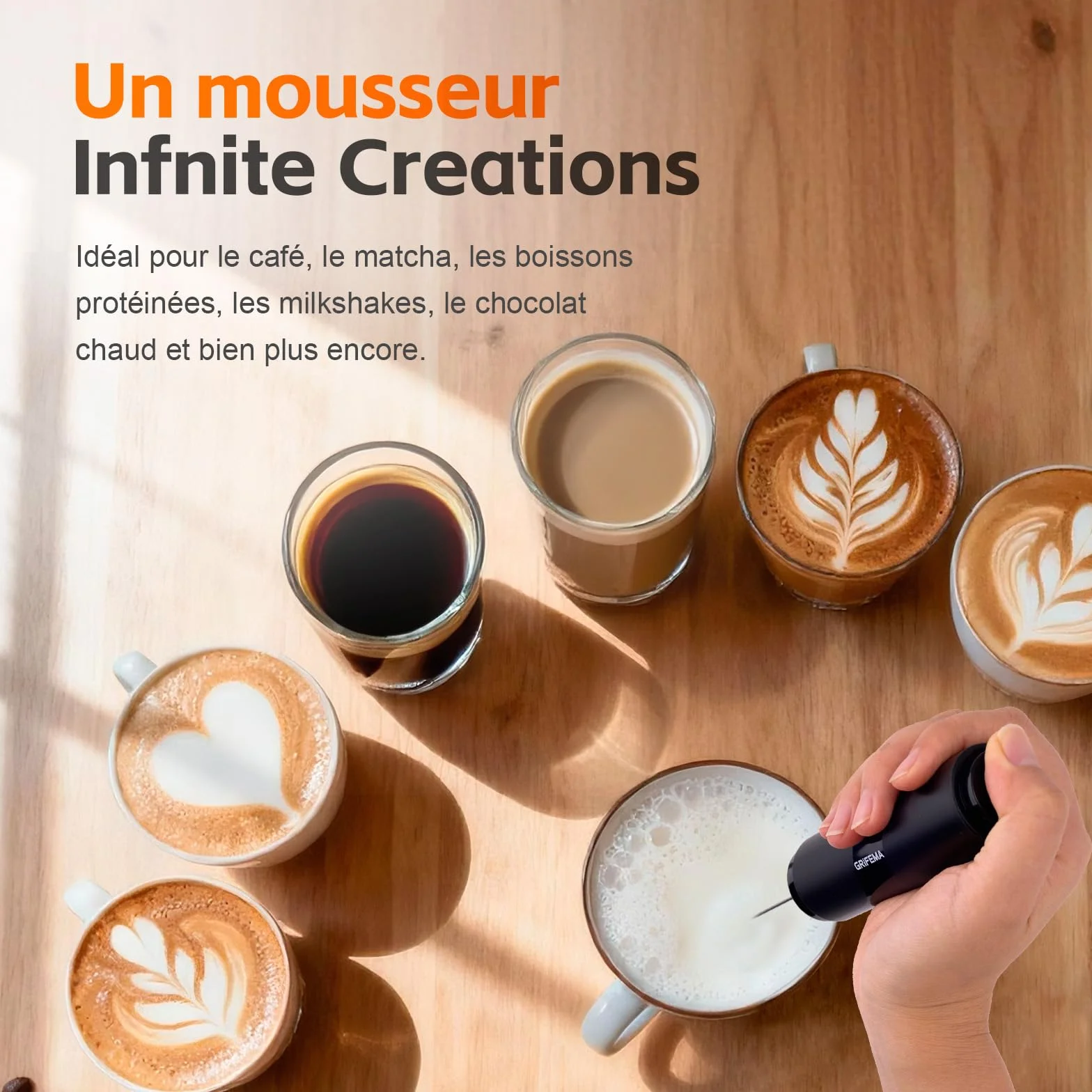 Mousseur à Lait Électrique 13 000 tr/min, Fouet Mini sans BPA, Piles, GRIFEMA