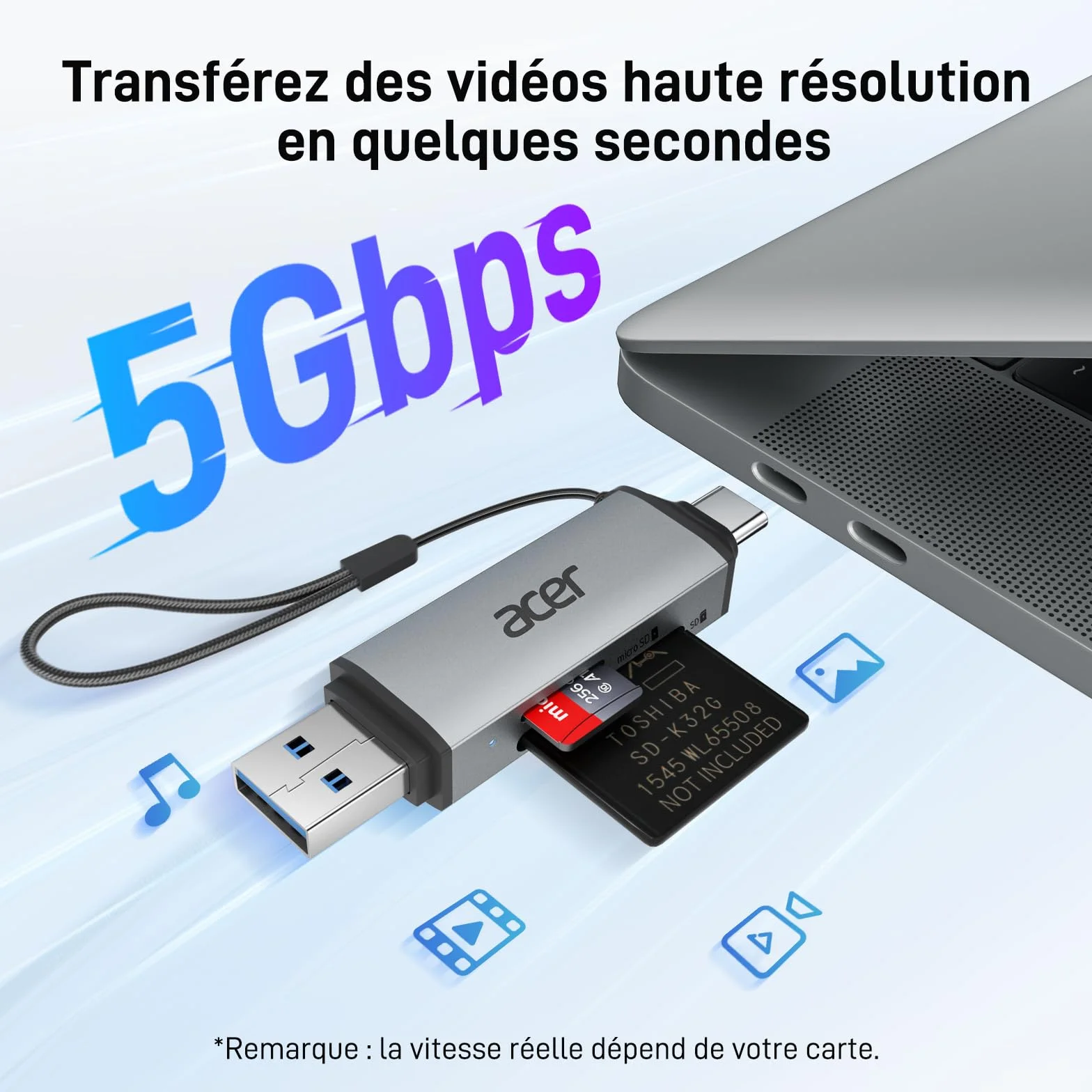 Acer Lecteur de Carte SD 3.0 USB C USB 3.0 pour SD Micro SD SDHC SDXC MMC
