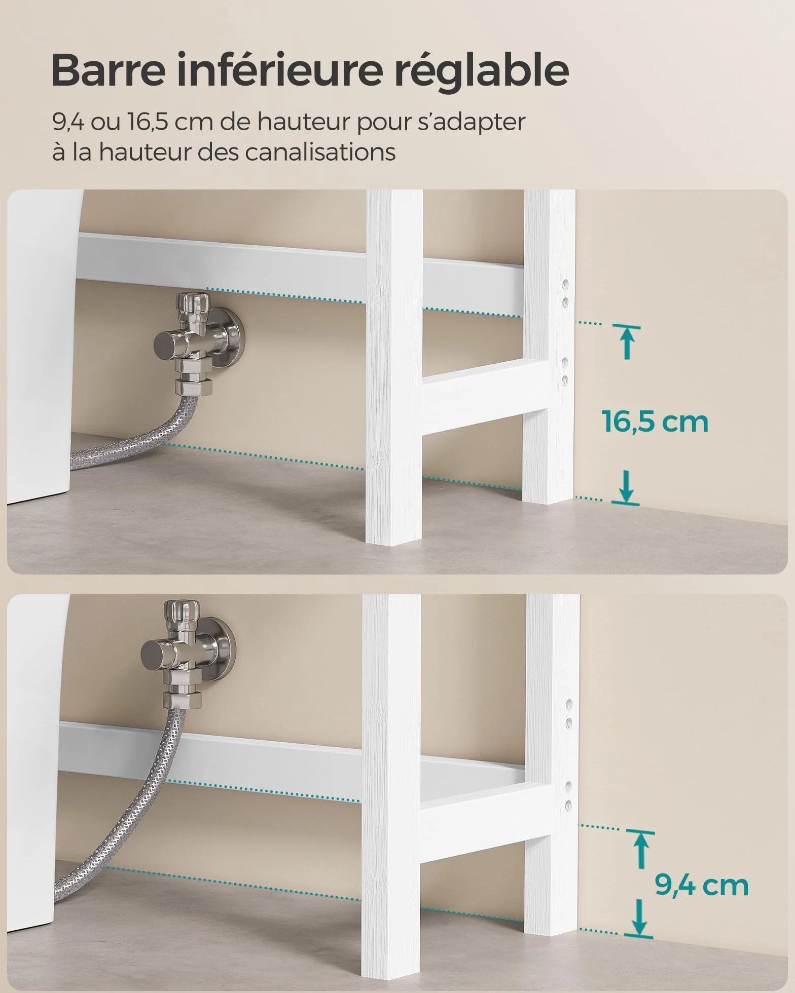 SONGMICS Étagère WC, Rangement au-Dessus des Toilettes, 3 Niveaux, avec Étagère Réglable, Convient à la Plupart des Toilettes, Gain de Place, Montage Facile, Blanc Nuage BTS01WT