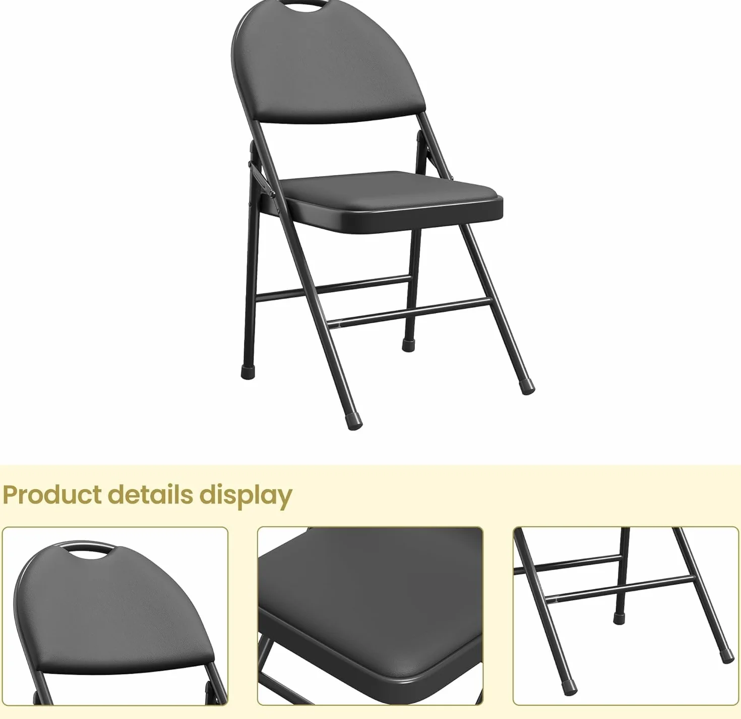 Lot de 4 Chaise pliante légère,Chaise jardin pliable avec rembourrée,Cadre Métal,jusqu'à 150Kg,exterieur/intérieur,Chauffeuse Empilable pour Camping,cuisine,plage,Bar,Salle à manger(88x50x47cm,Noir)