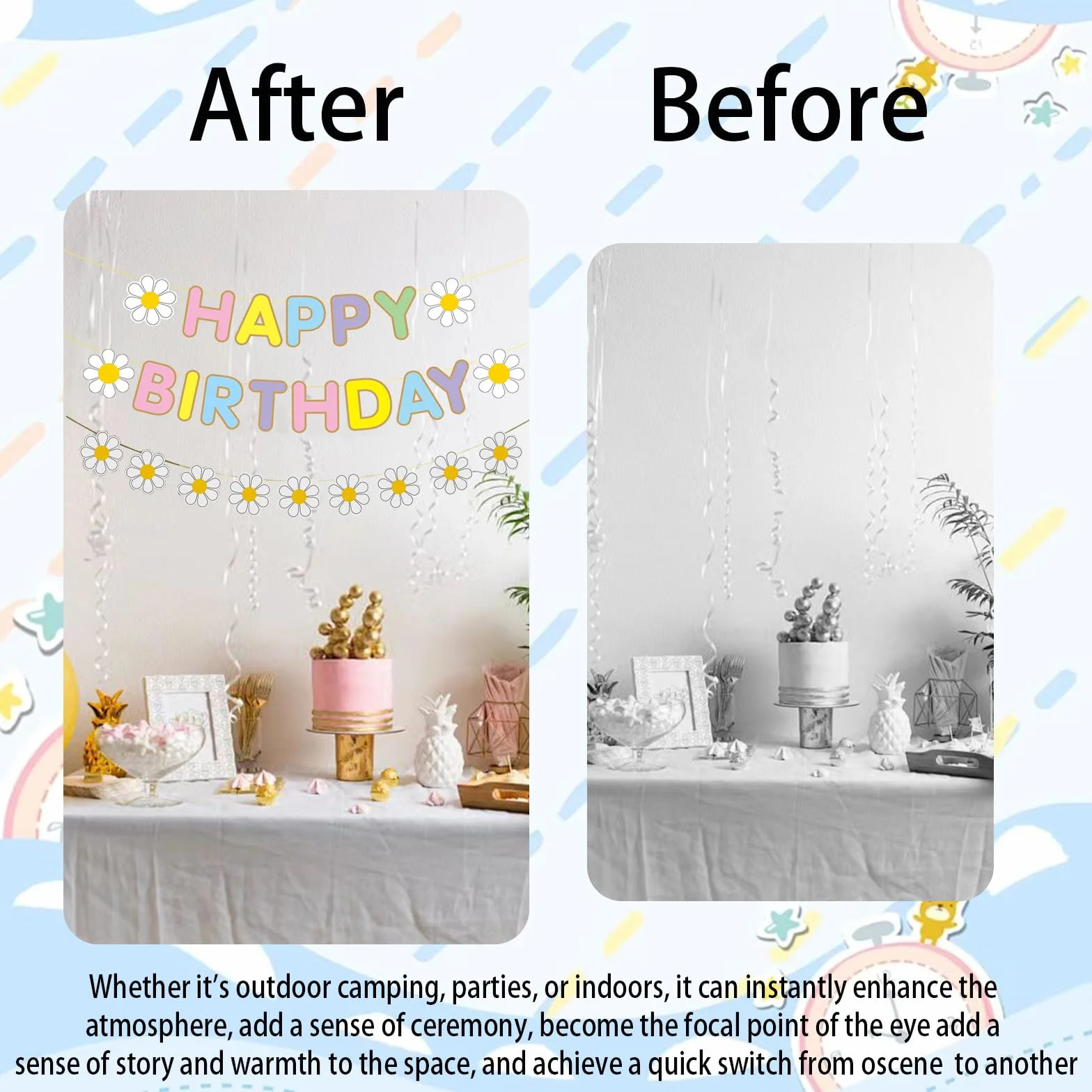 décoration anniversaire pastel bannière joyeux anniversaire 2 guirlandes marguerites arc-en-ciel fête chambre enfant fille boho