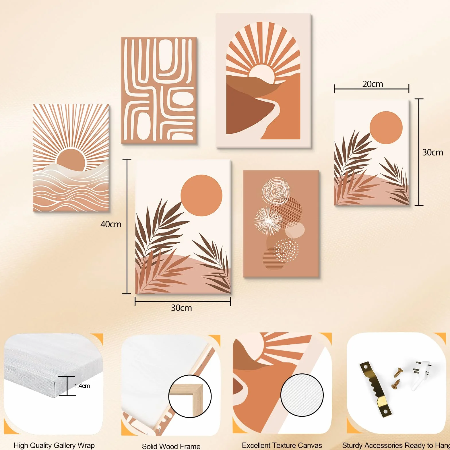 6 Sets of Boho Terracotta Soleil Botanique Tableau Decoration Murale Encadre, Géométrie Lignes Impression sur toile Abstrait Paysage Tableau Peinture Posters Déco Mural pour Salon Chambre Cuisine