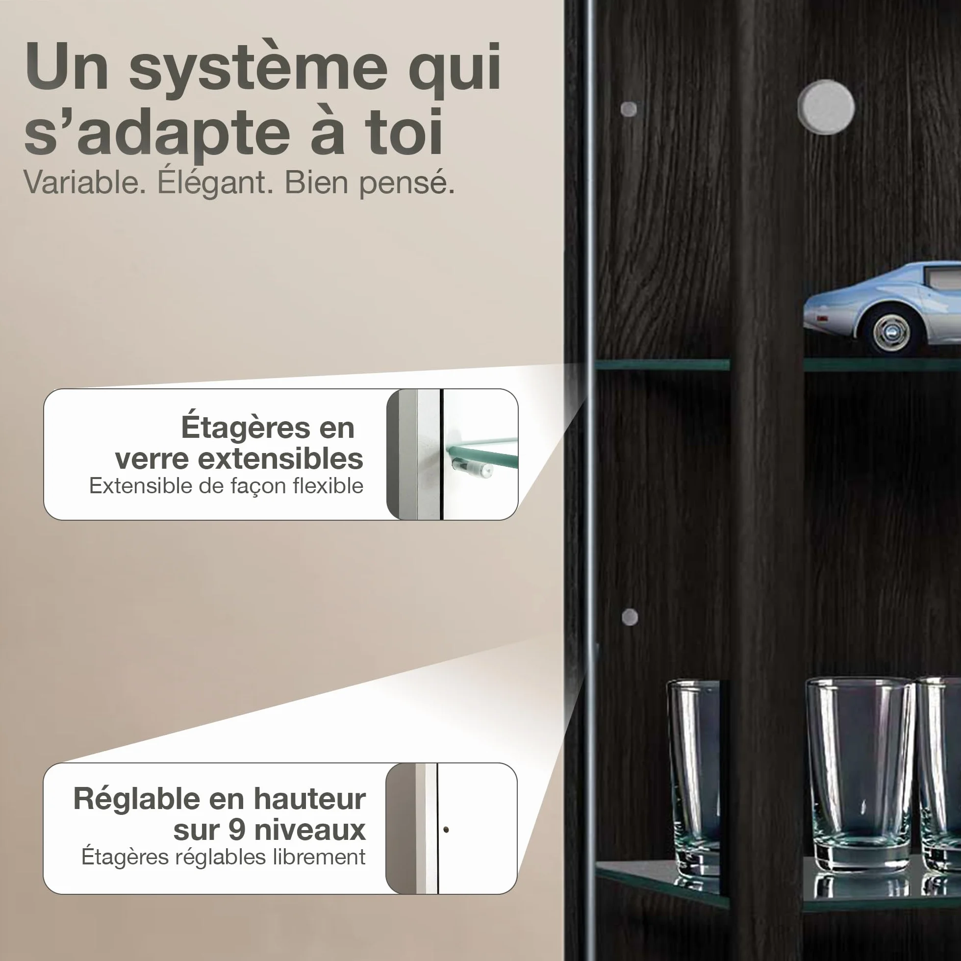 Meuble vitrine Verre 2-Portes (176x67x33cm) - Fabriqué en Allemagne - Vitrine Salle a Manger Noir avec 4 étagères en Verre réglables & LED - Armoires vitrées de présentation Figurine