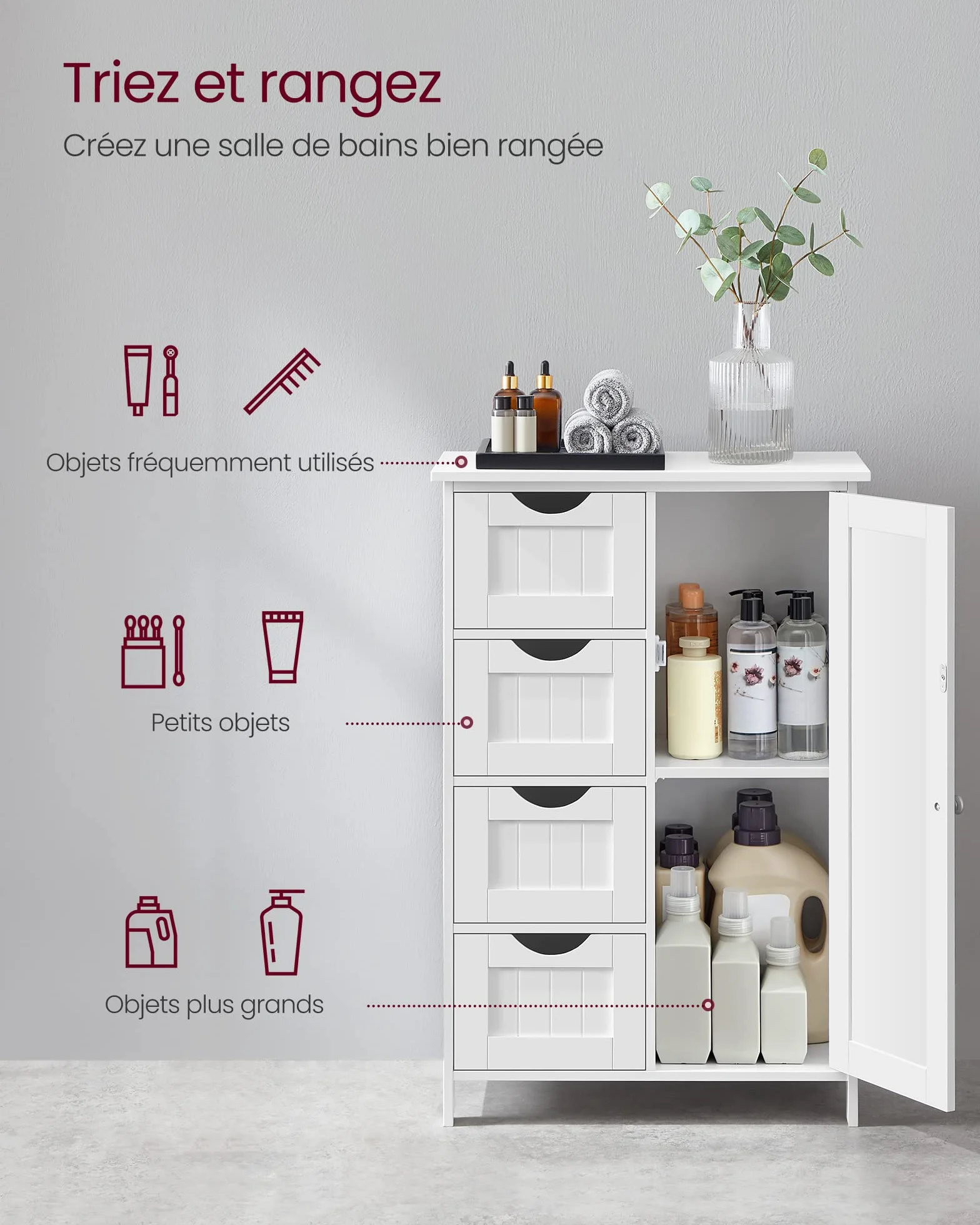 VASAGLE Meuble Salle de Bain Rangement, Armoire Gain de Place, Commode, avec 4 Tiroirs, Placard avec Porte, Étagère Réglable, 30 x 55 x 82 cm, Blanc Nuage LHC41W