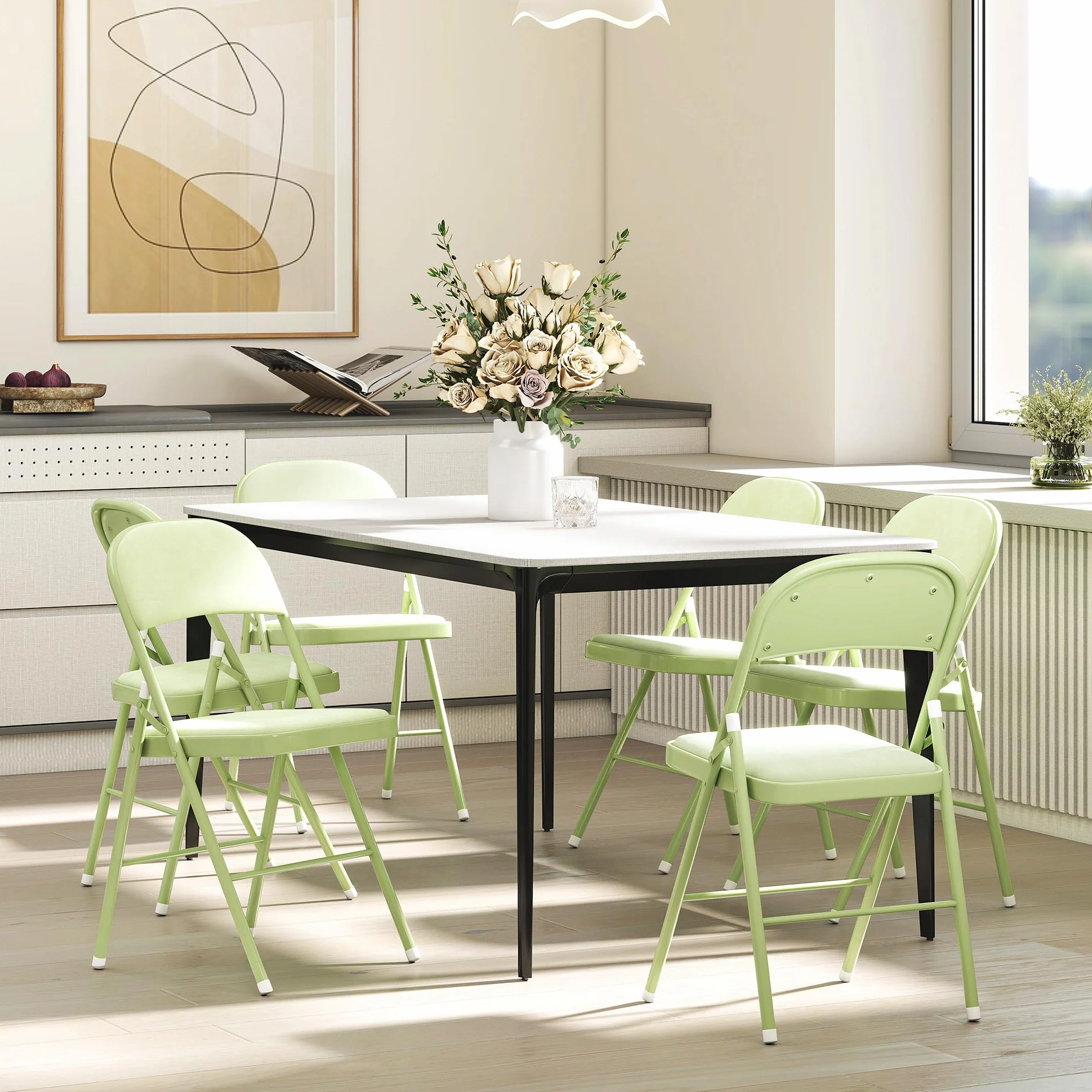 HOMCOM Lot de 4 chaises Pliantes chaises de Salle à Manger Portables intérieur avec assises et dossiers rembourrés en Velours et Cadre en Acier, Charge jusqu'à 120kg, Vert