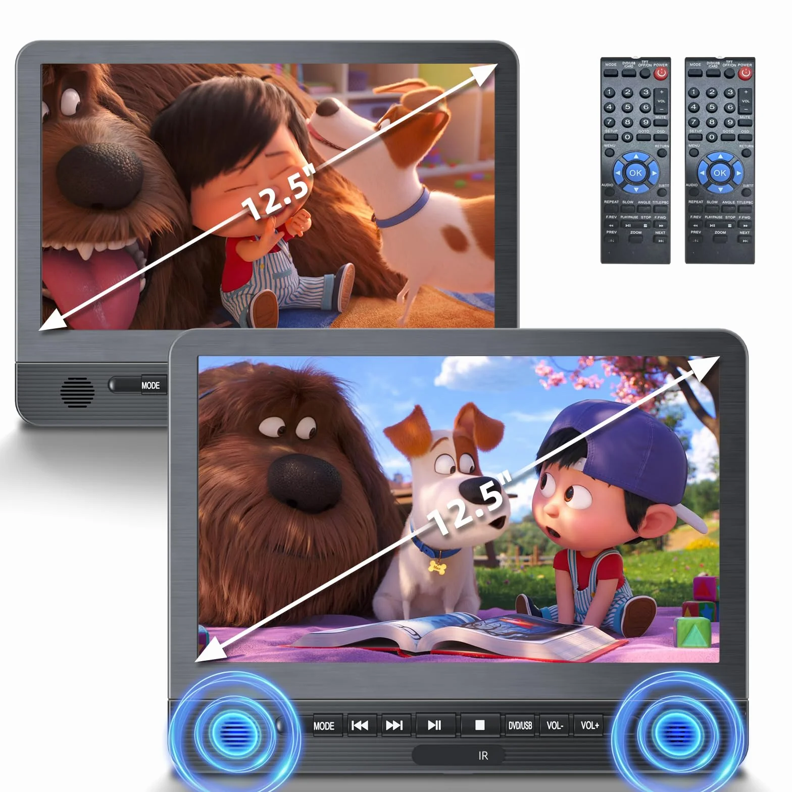 DESOBRY 12.5'' Samochodowy odtwarzacz DVD 2-ekran z 5-godzinną akumulatorką, dwa ekrany samochodowe, zagłówki TV Dzieci TV Ostatnia pamięć USB AV In/Out 12V