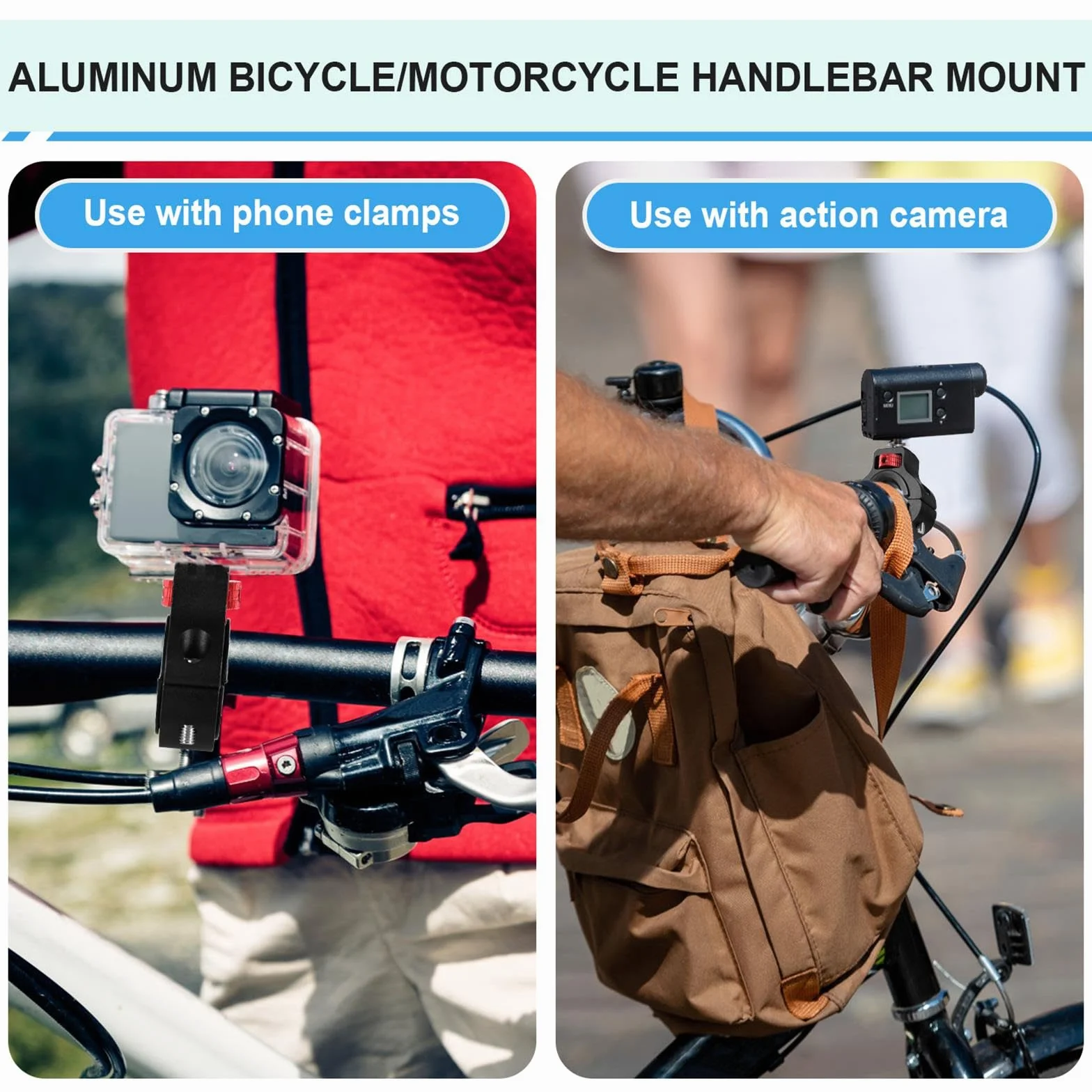 Rower Uchwyt Kamery Motocyklowej, Obrotowy o 360 Stopni Zabezpieczenie Przed Cofaniem Zaciskowy Rowerowy Uchwyt na Kierownice Wspornik do GoPro Insta360 DJI Osmo i Fill Light (22-32mm)