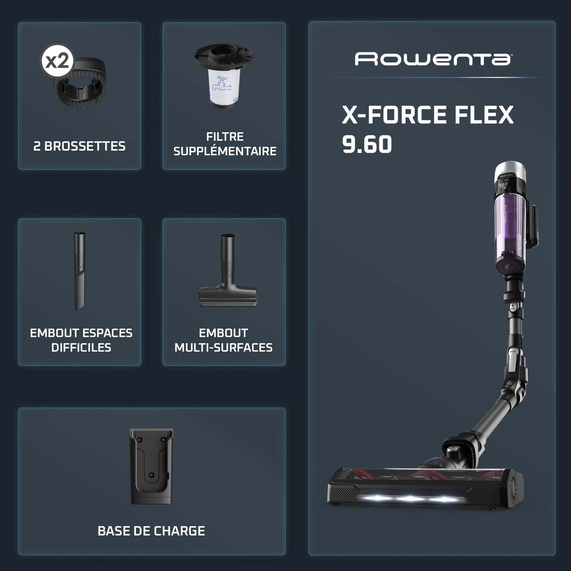 Rowenta X-Force Flex 9.60 Allergie Aspirateur balai sans fil, Filtration Anti-Allergènes, Puissant 100AW, Ultra Léger, Autonomie 45min RH2038WO, Noir / Violet