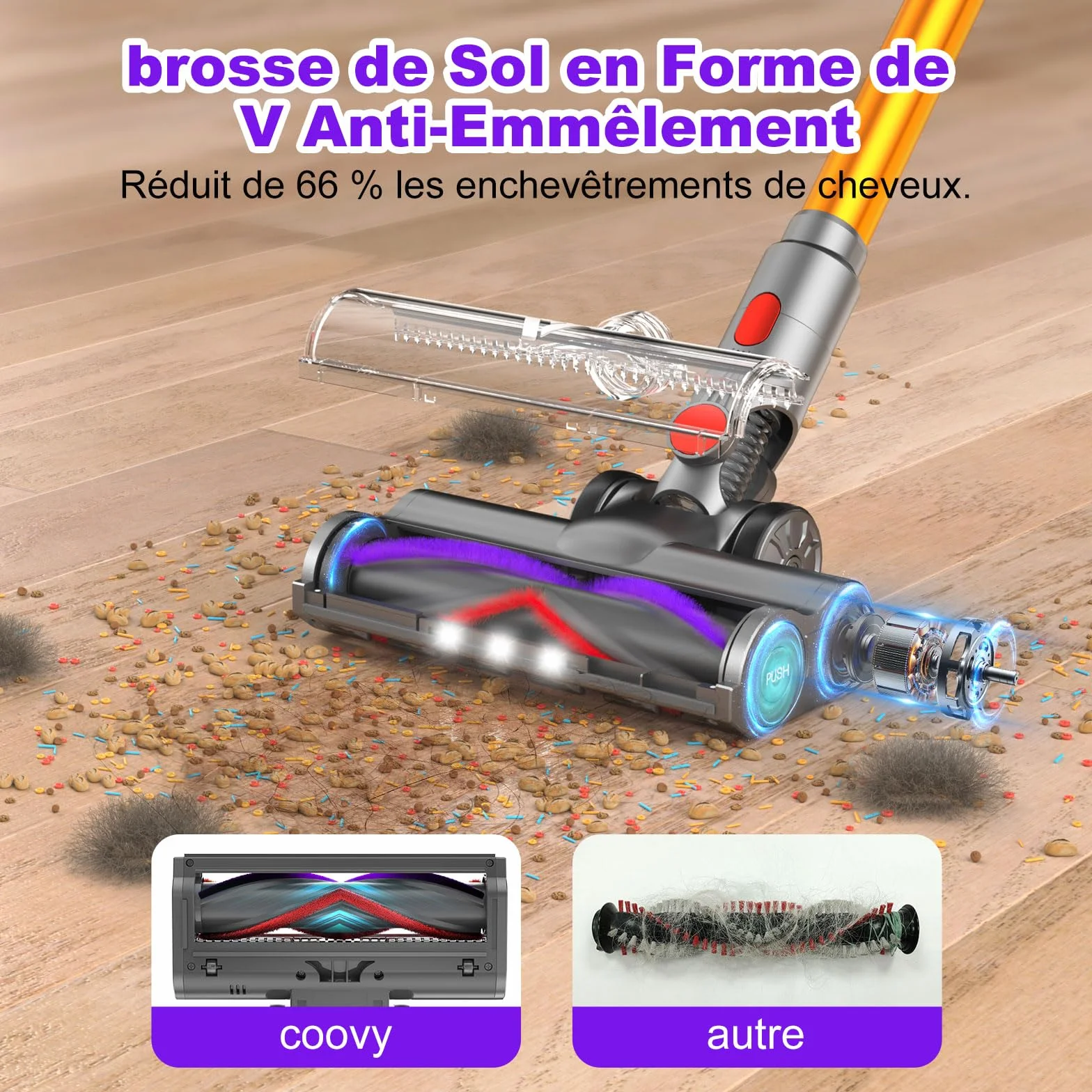 coovy SU7 Aspirateur Balai sans Fil 580W/55Kpa/75Mins, Aspirateur Puissant, Détection Poussière, Écrans Tactiles LED, Brosse Anti-Emmêlement Vacuum Cleaner pour Sols Durs Tapis Voiture