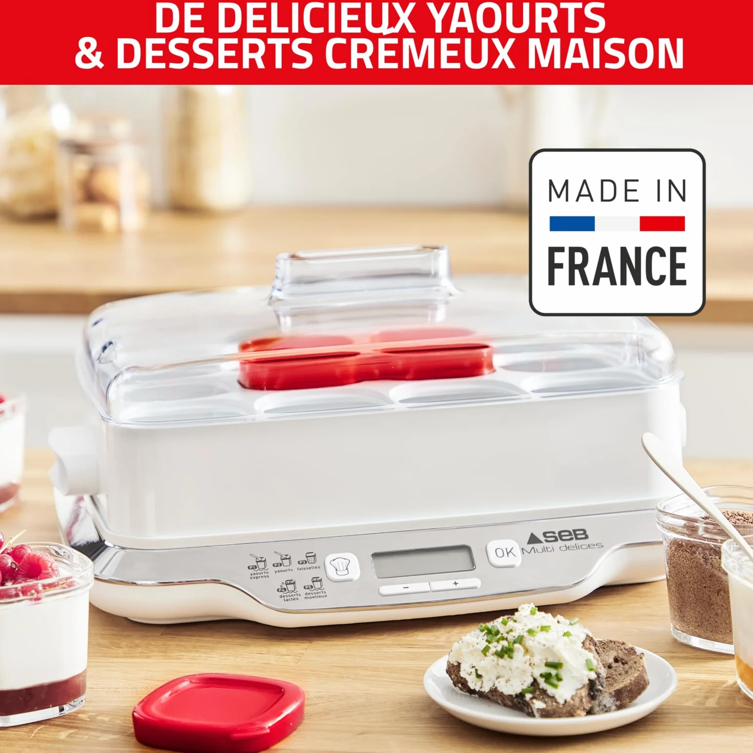 Seb Multi Délices, Express Yaourtière 12 pots verre 140 ml, Sans BPA, 5 programmes automatiques, Programme Express, Fabriqué en France YG661500