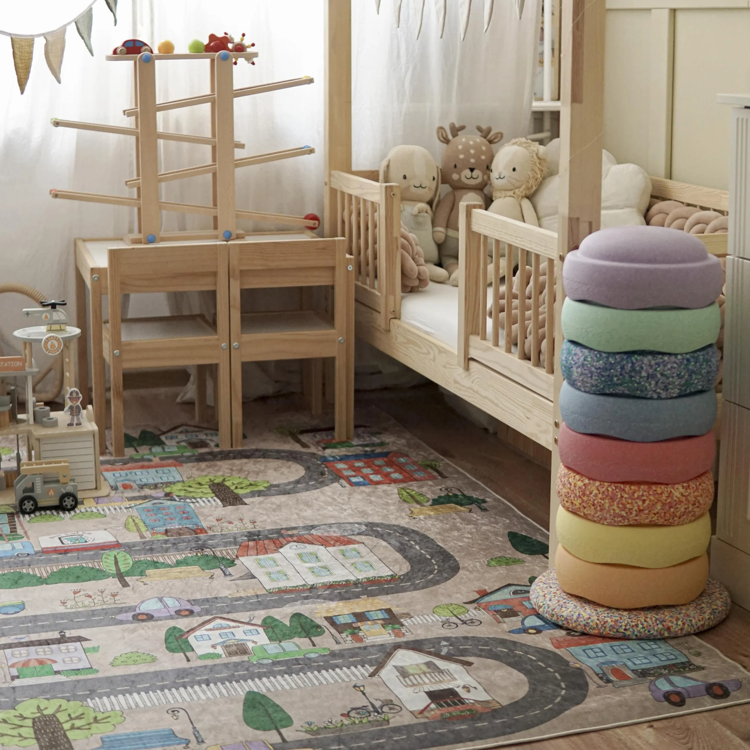 Mazovia Tapis Chambre Enfant Lavable Imprimé Poils Courts 80x150cm Beige Crème Multicolore